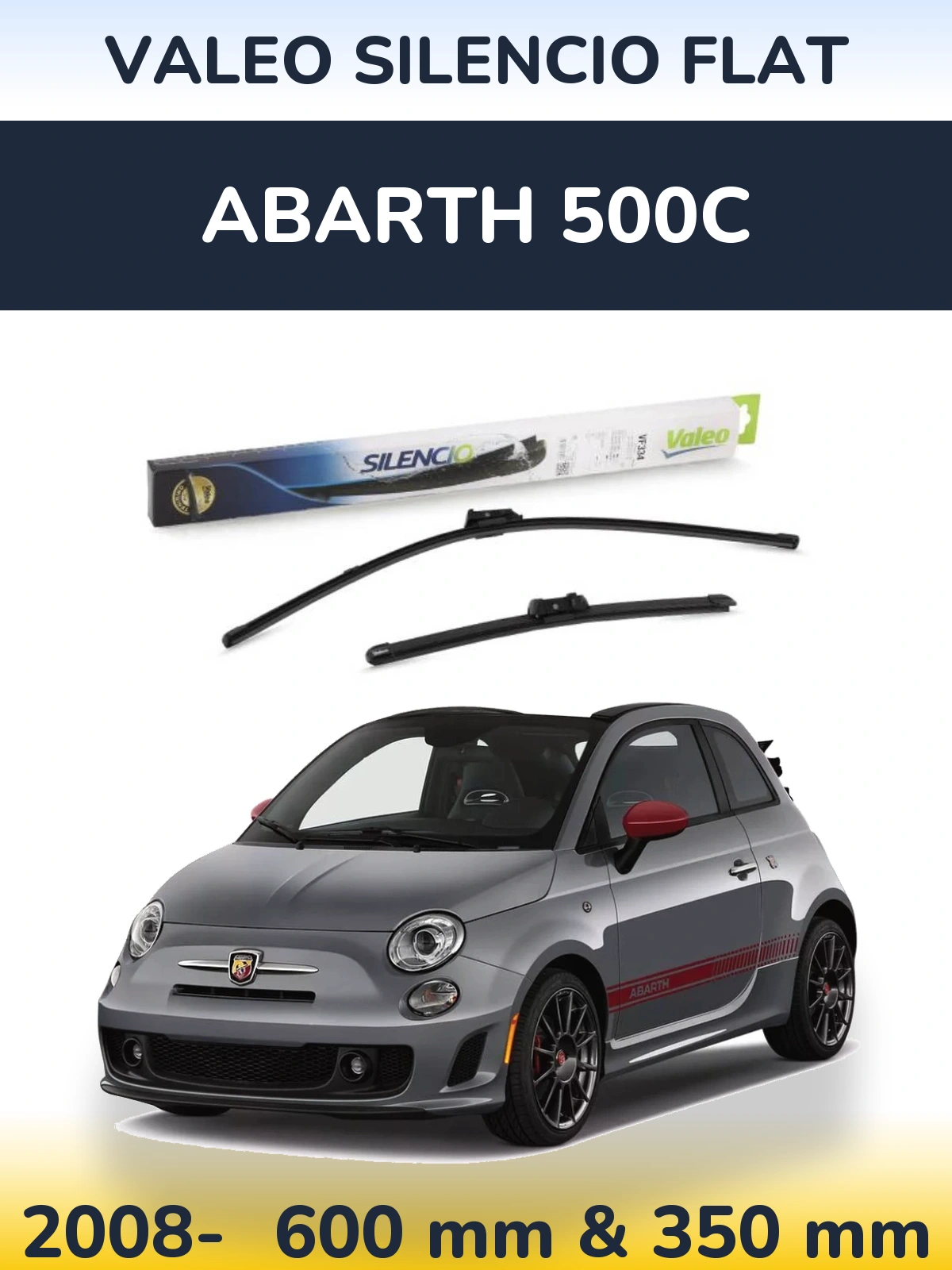 Front wiper blade set Valeo Silencio Flat 600 & 350 mm for Abarth 500C 2008-2026