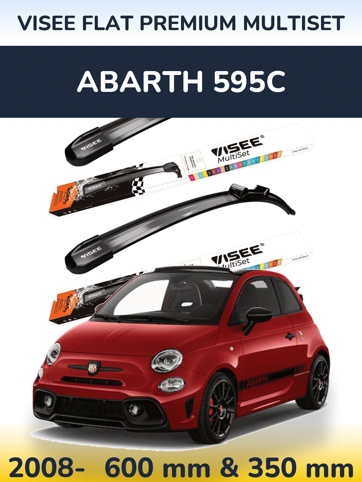 Front wiper blade set VISEE FLAT PREMIUM MultiSet 600 & 350 mm for Abarth 595C 2008-2026