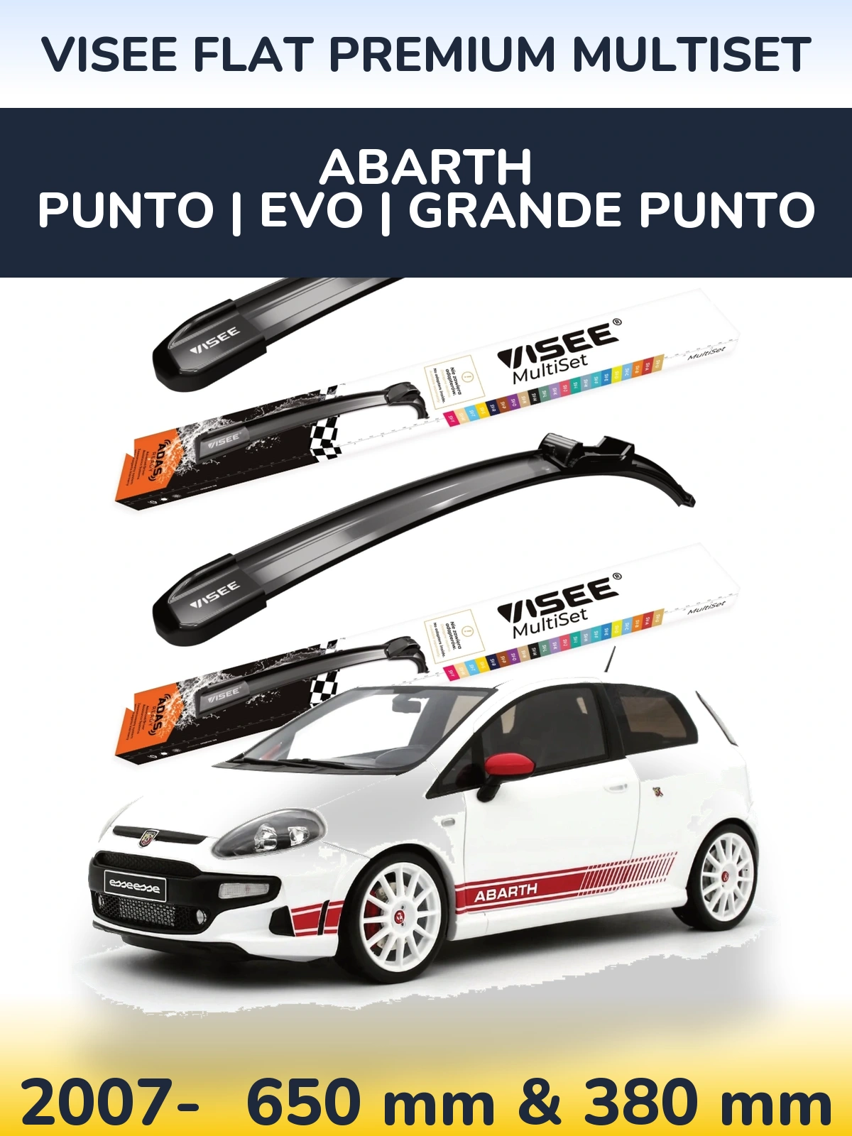 Front wiper blade set VISEE FLAT PREMIUM MultiSet 650 & 380 mm for Abarth Punto | Evo | Grande Punto 2007-2026