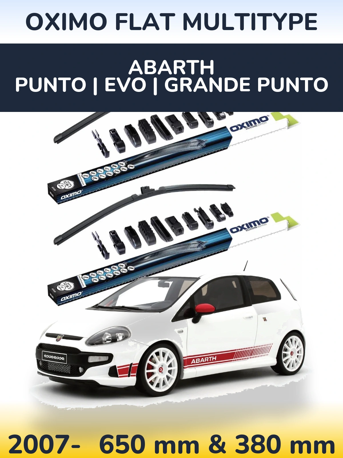 Front wiper blade set Oximo Flat MultiTipse 650 & 380 mm for Abarth Punto | Evo | Grande Punto 2007-2026