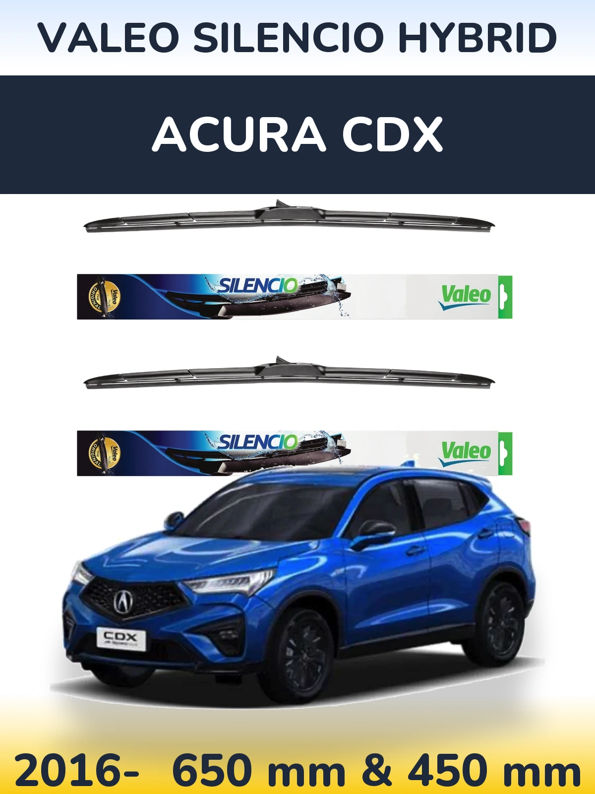 Front wiper blade set Valeo Silencio Hybrid 650 & 450 mm for Acura CDX 2016-2026