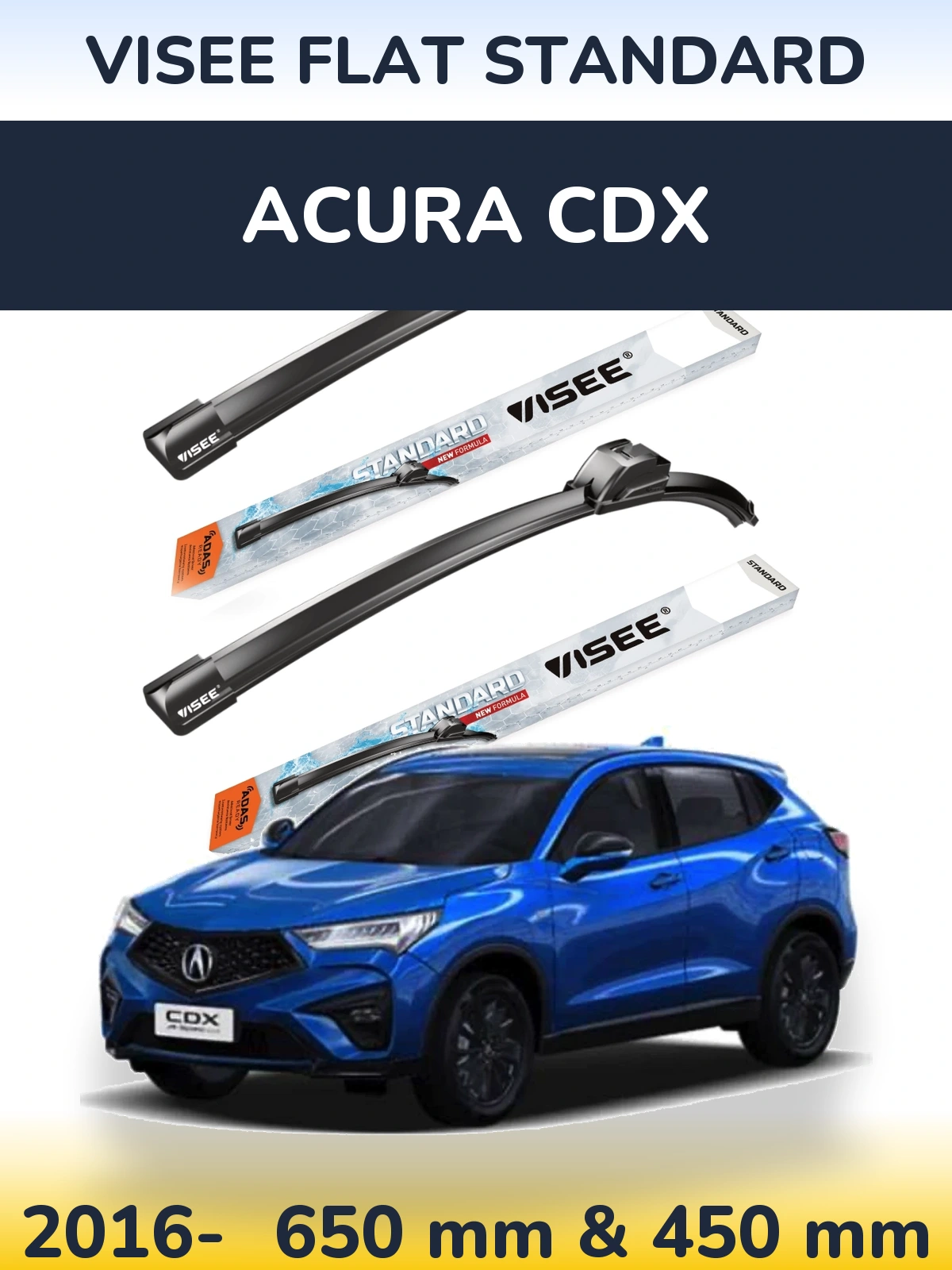 Комплект передних дворников VISEE FLAT STANDARD 650 & 450 мм для Acura CDX 2016-2026