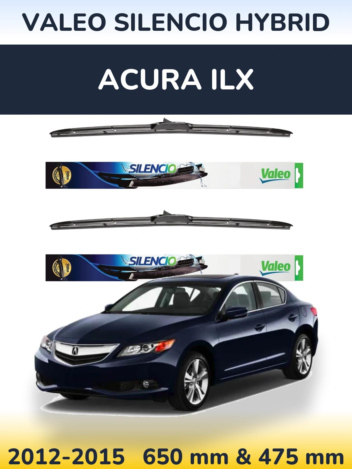 Front wiper blade set Valeo Silencio Hybrid 650 & 475 mm for Acura ILX 2012-2015
