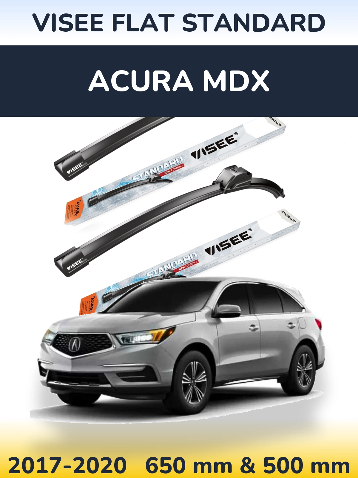 Front wiper blade set VISEE FLAT STANDARD 650 & 500 mm for Acura MDX 2017-2020