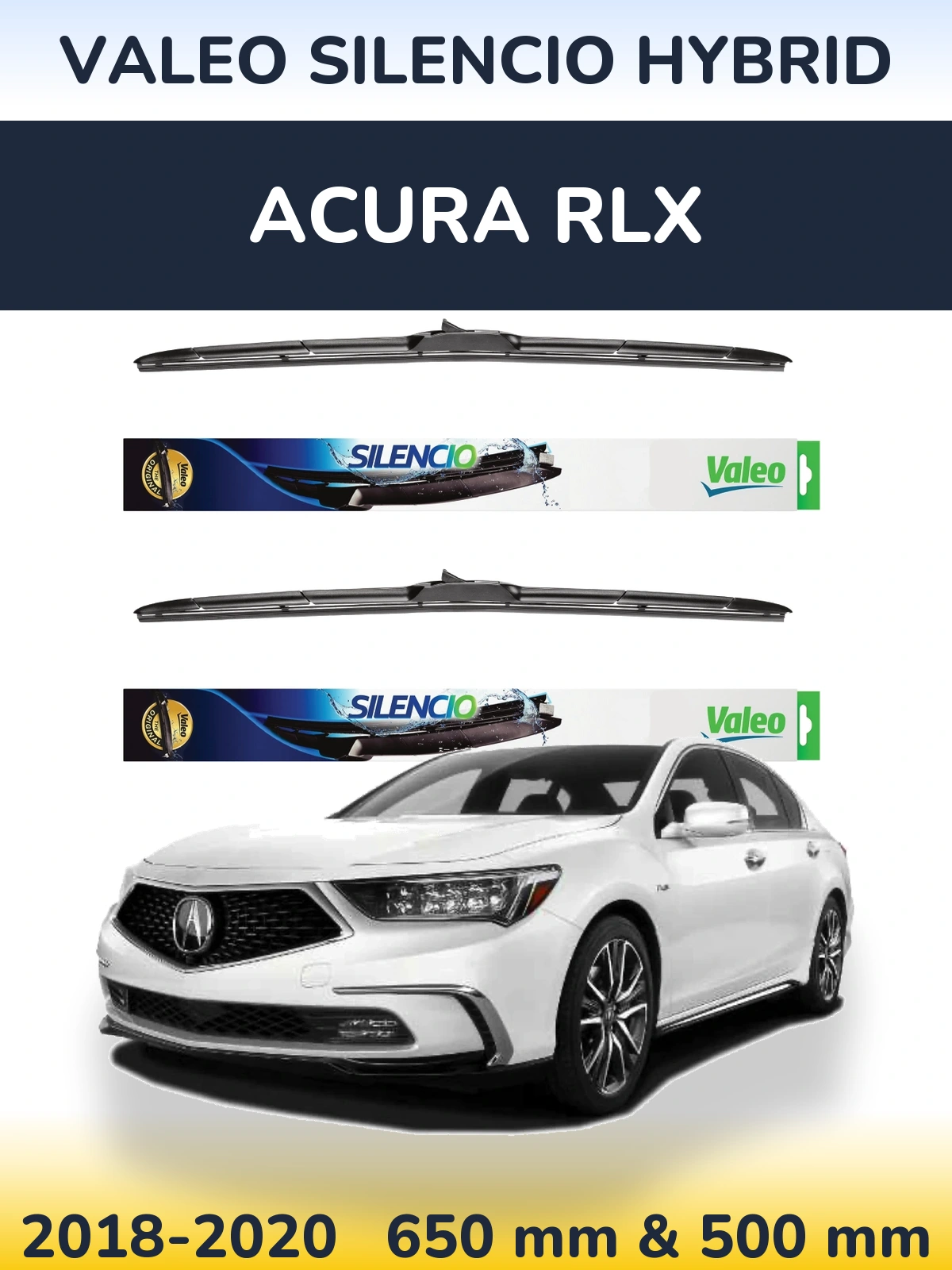 Front wiper blade set Valeo Silencio Hybrid 650 & 500 mm for Acura RLX 2018-2020