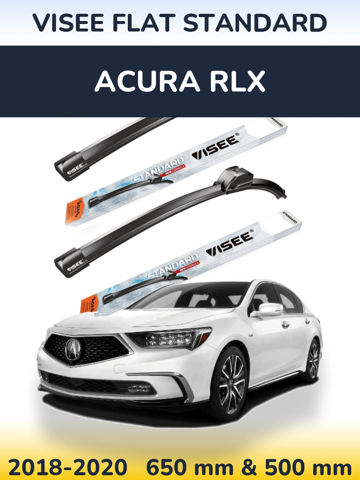 Front wiper blade set VISEE FLAT STANDARD 650 & 500 mm for Acura RLX 2018-2020