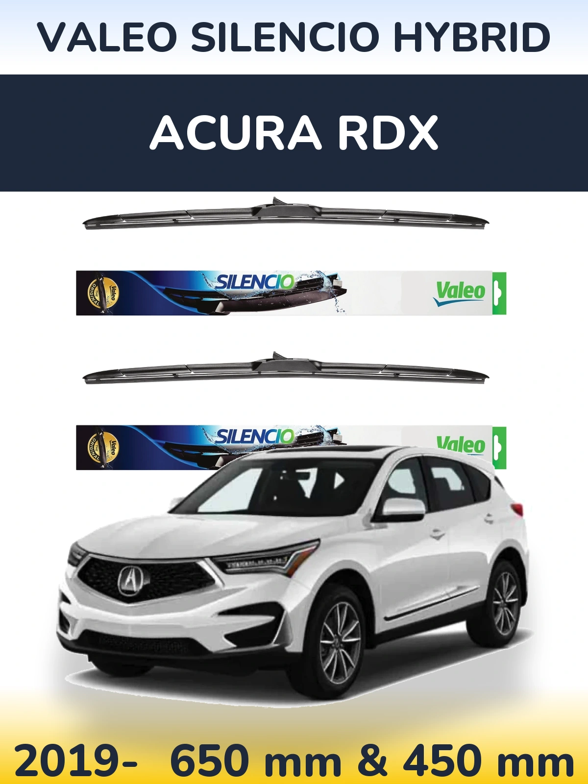 Front wiper blade set Valeo Silencio Hybrid 650 & 450 mm for Acura RDX 2019-2026