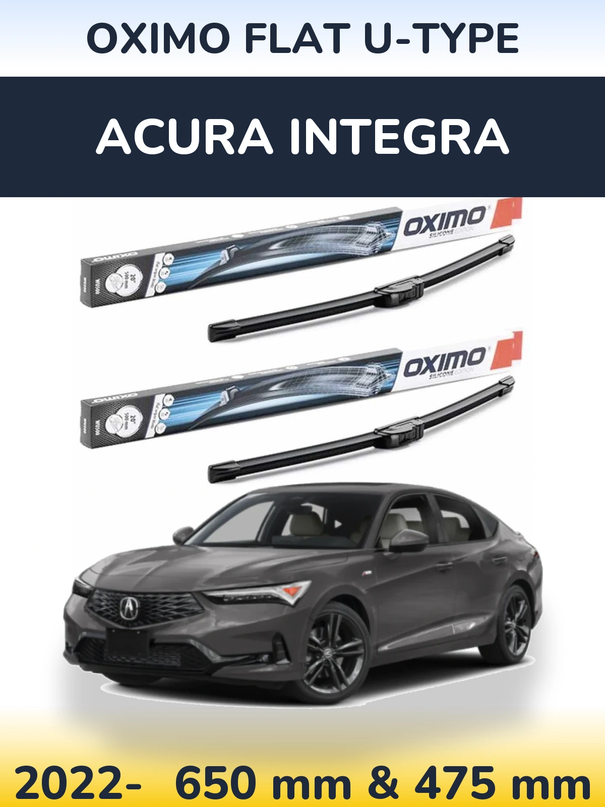 Комплект передних дворников Oximo Flat U-type 650 & 475 мм для Acura Integra 2022-2026