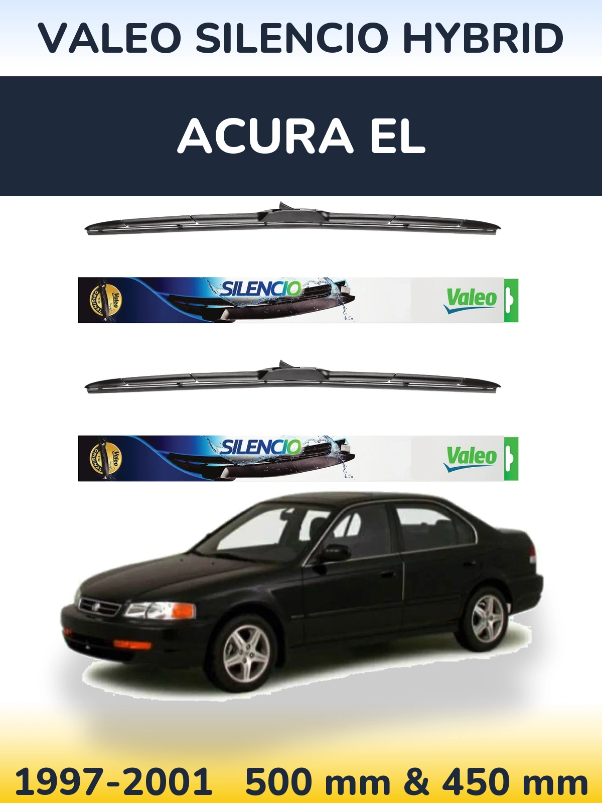 Front wiper blade set Valeo Silencio Hybrid 500 & 450 mm for Acura EL 1997-2001