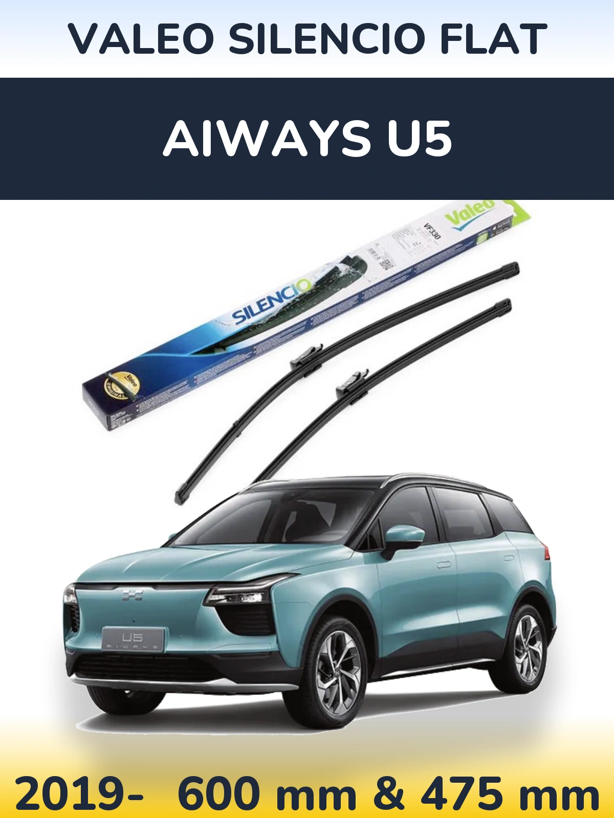 Front wiper blade set Valeo Silencio Flat 600 & 475 mm for Aiways U5 2019-2026
