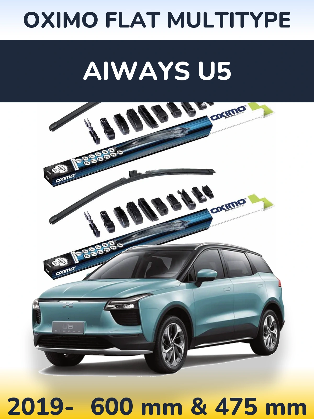 Front wiper blade set Oximo Flat MultiTypee 600 & 475 mm for Aiways U5 2019-2026