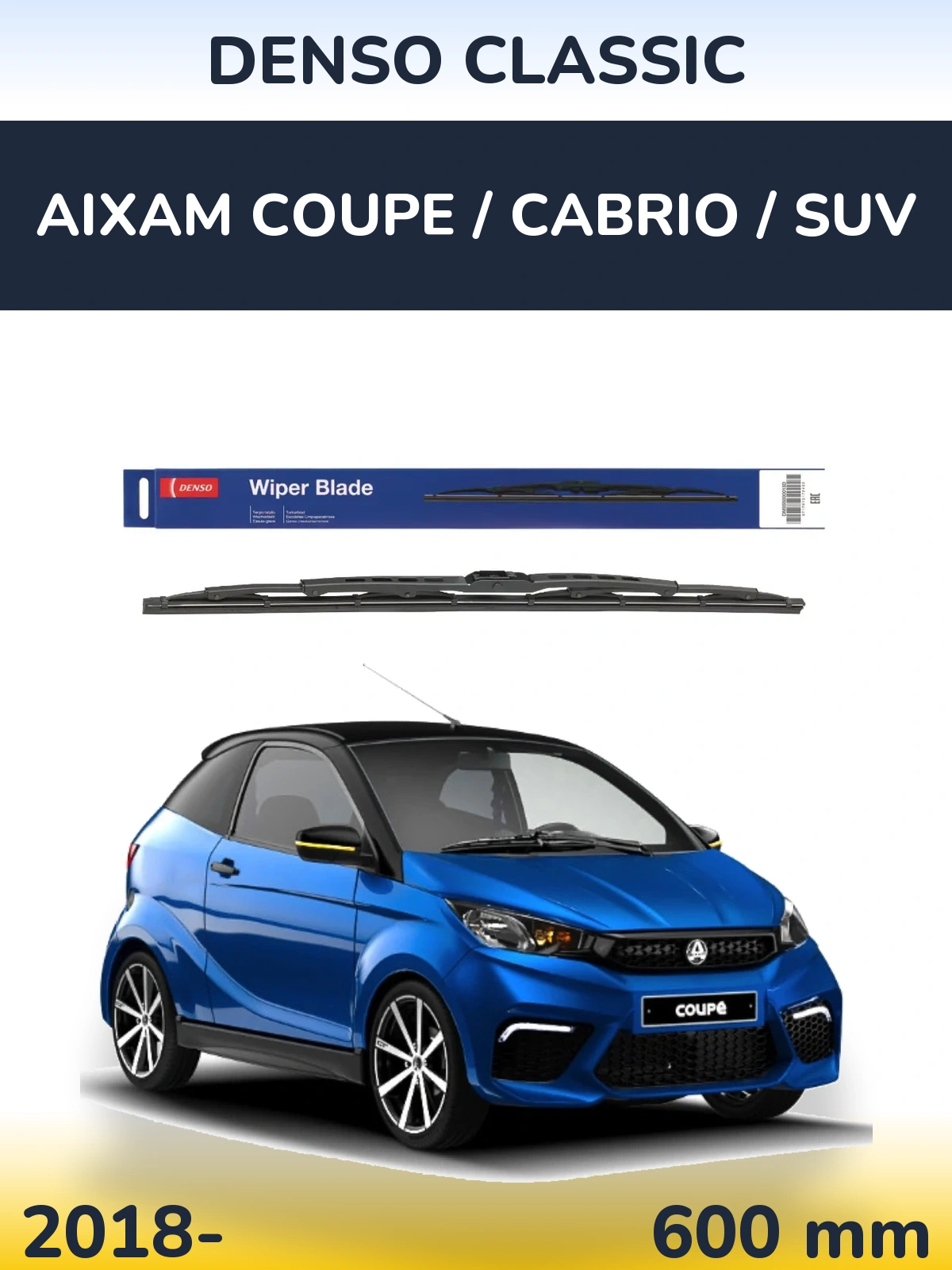 Front wiper blade Denso Classic 600 mm for Aixam Coupe / Cabrio / SUV 2018-2026