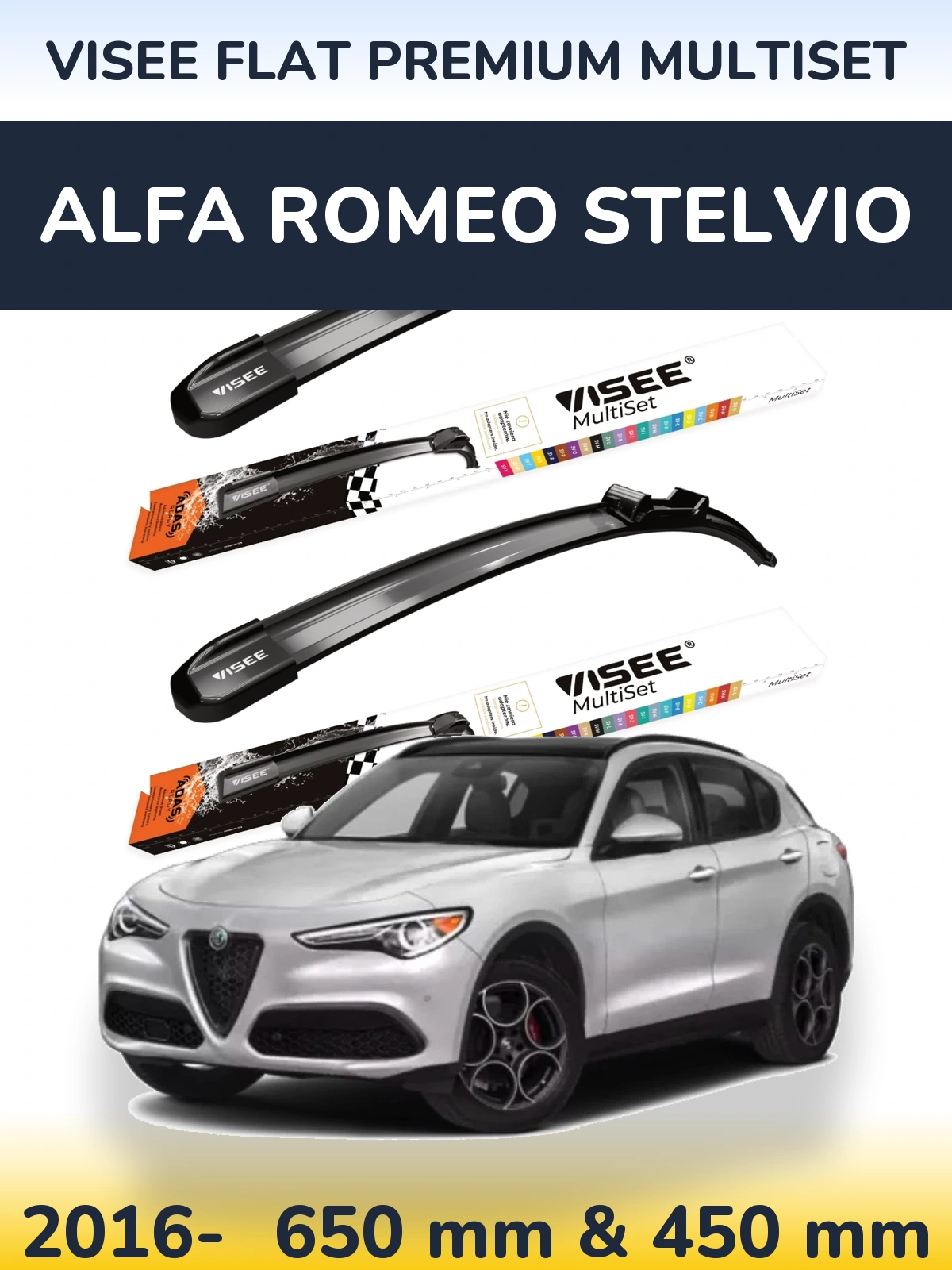 Front wiper blade set VISEE FLAT PREMIUM MultiSet 650 & 450 mm for Alfa Romeo Stelvio 2016-2026
