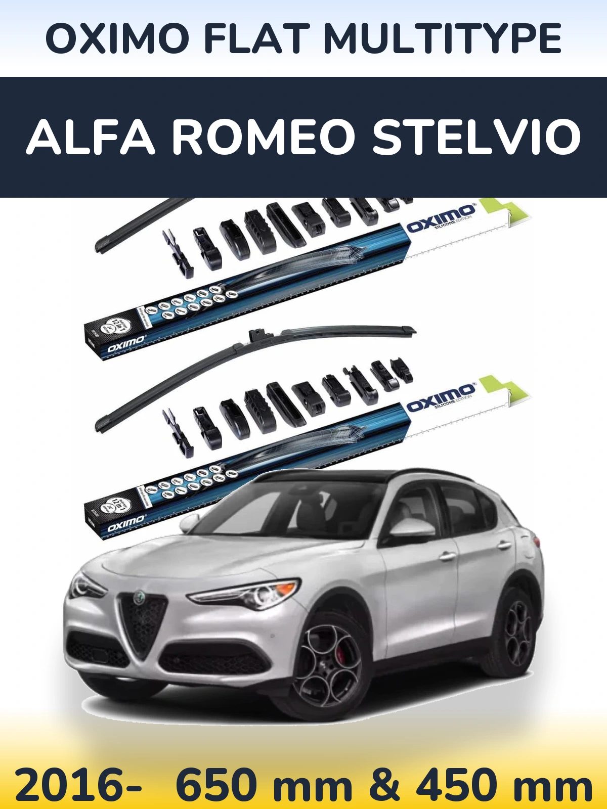Front wiper blade set Oximo Flat MultiTipse 650 & 450 mm for Alfa Romeo Stelvio 2016-2026