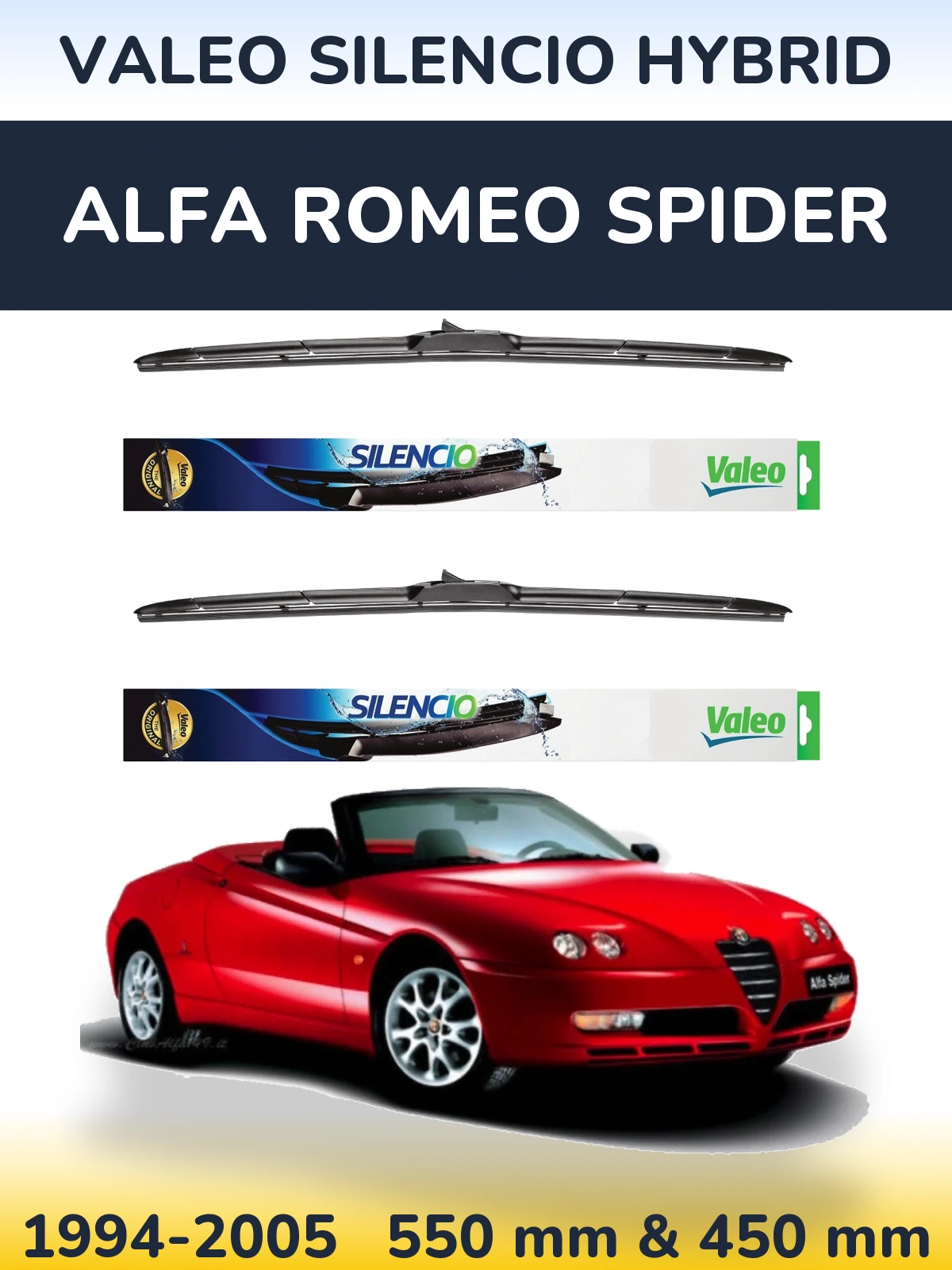 Front wiper blade set Valeo Silencio Hybrid 550 & 450 mm for Alfa Romeo Spider 1994-2005