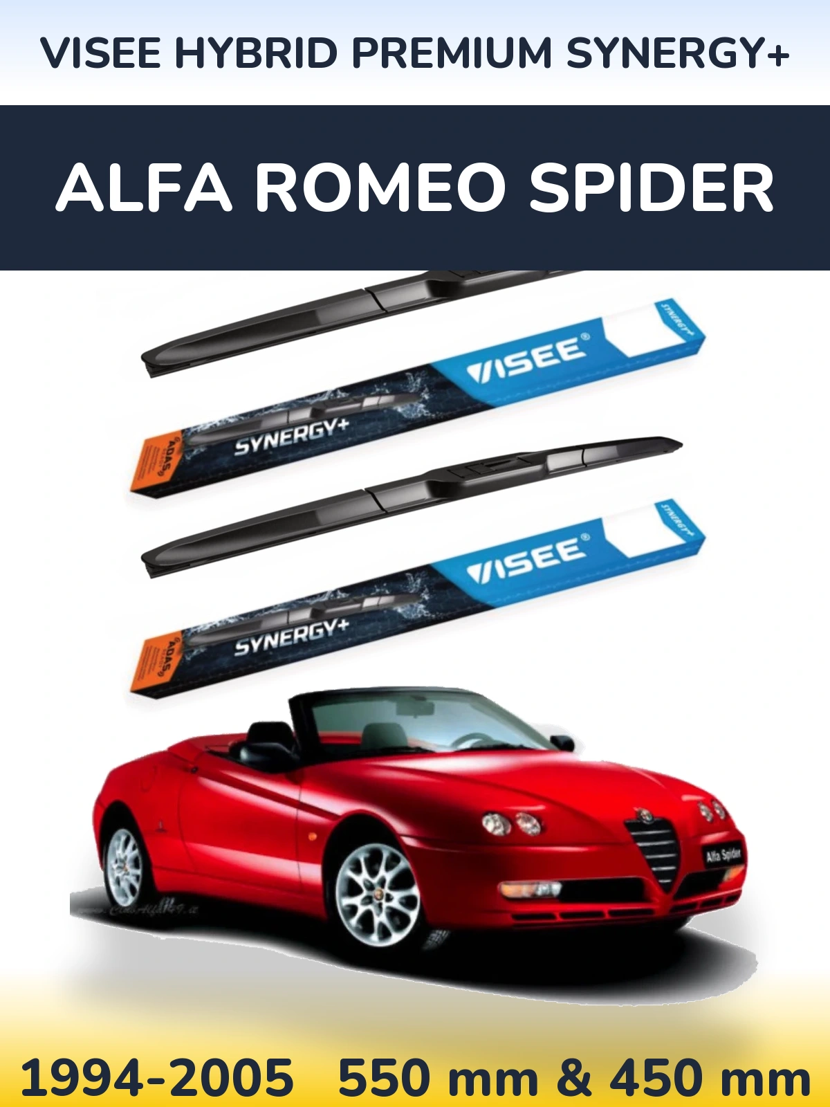 Front wiper blade set VISEE HYBRID PREMIUM SYNERGY+ 550 & 450 mm for Alfa Romeo Spider 1994-2005