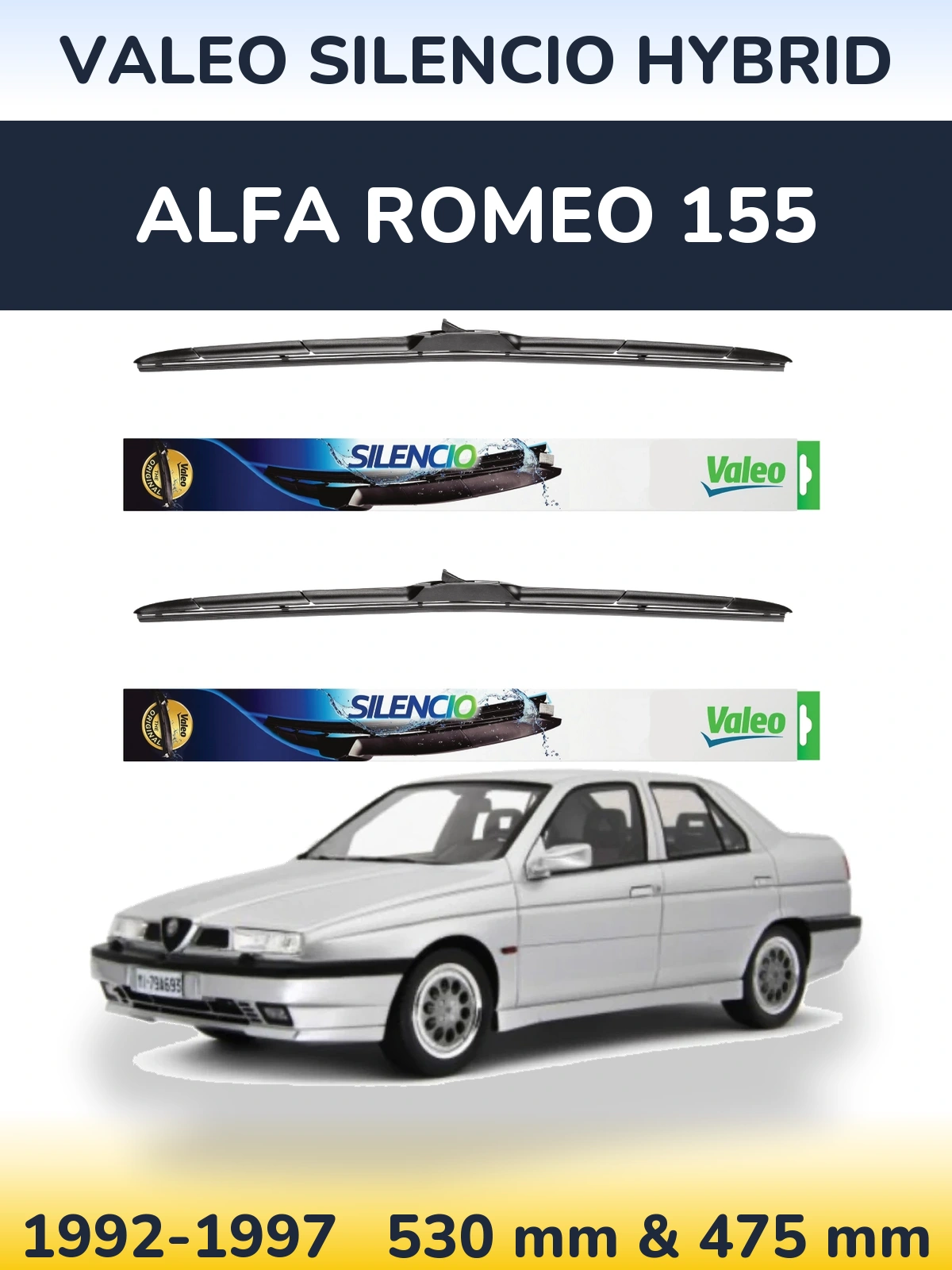 Front wiper blade set Valeo Silencio Hybrid 530 & 475 mm for Alfa Romeo 155 1992-1997