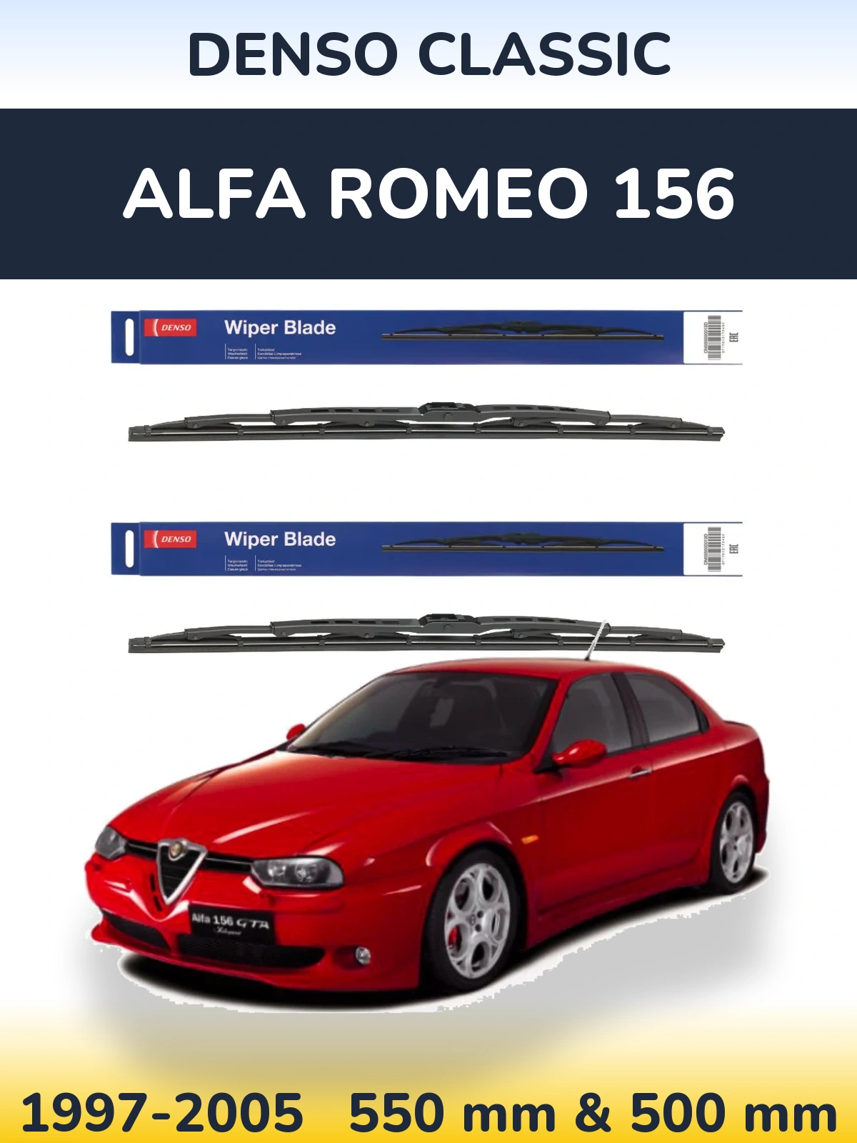 Front wiper blade set Denso Classic 550 & 500 mm for Alfa Romeo 156 1997-2005