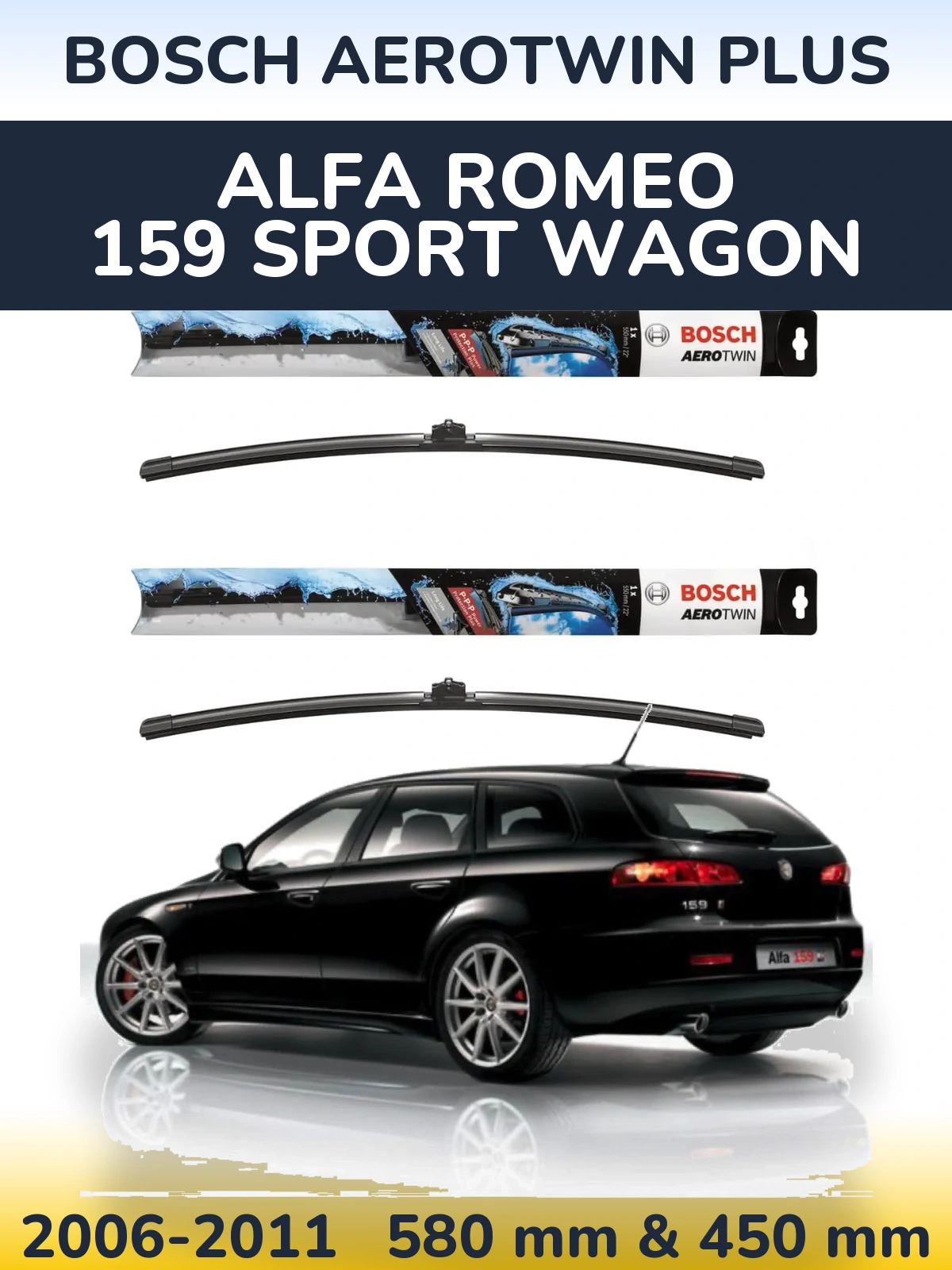 Front wiper blade set BOSCH AeroTwin Plus 580 & 450 mm for Alfa Romeo 159 Sport Wagon 2006-2011