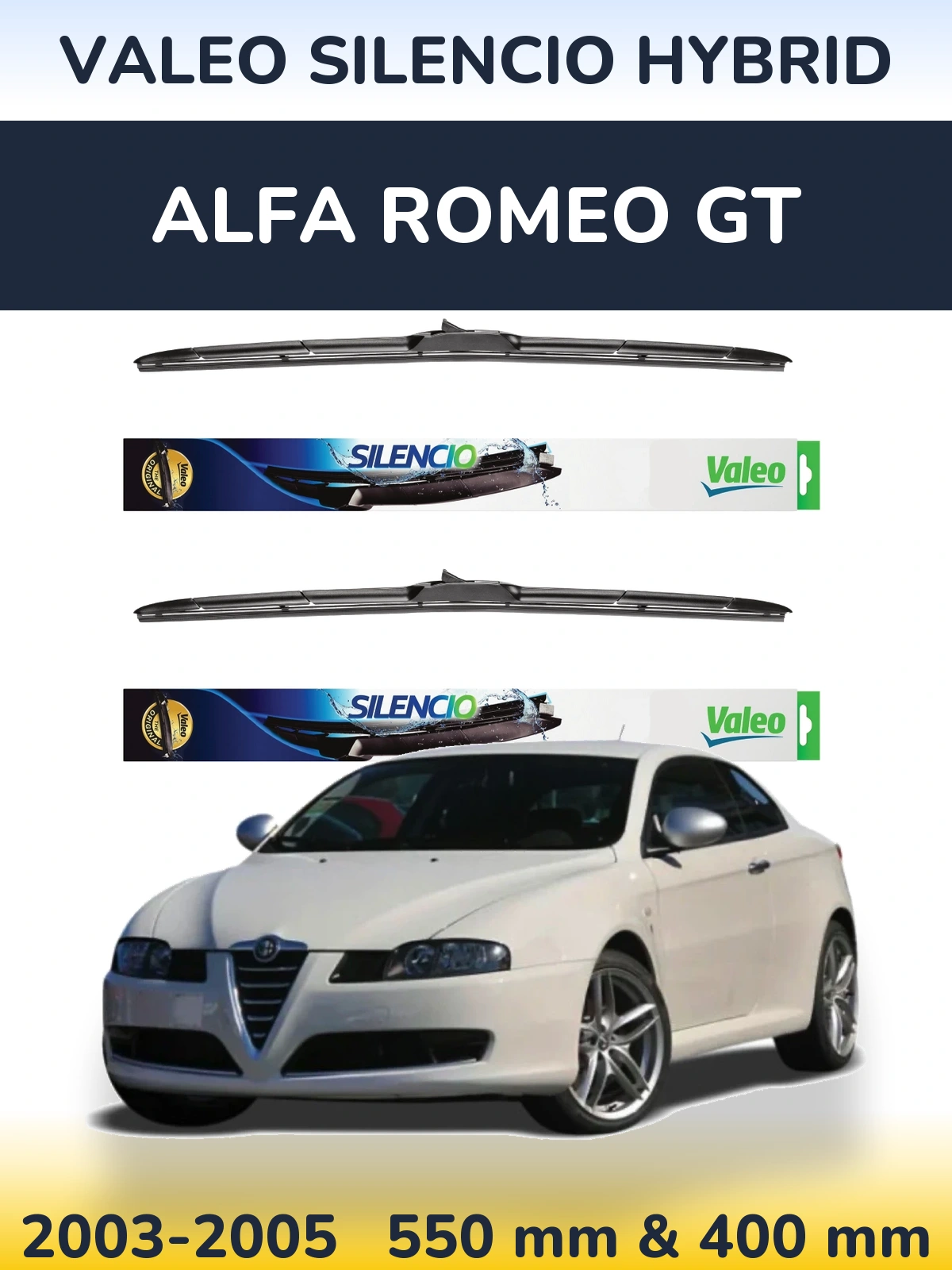 Front wiper blade set Valeo Silencio Hybrid 550 & 400 mm for Alfa Romeo GT 2003-2005