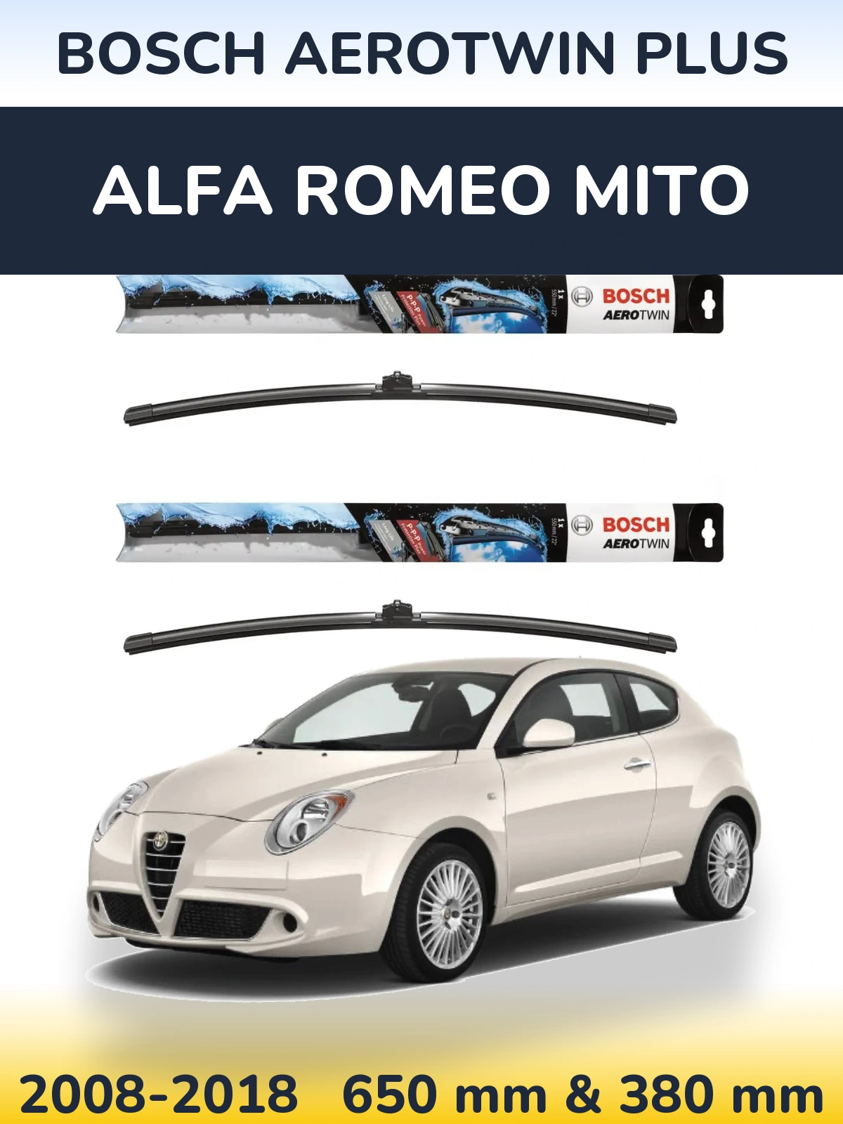 Front wiper blade set BOSCH AeroTwin Plus 650 & 380 mm for Alfa Romeo MiTo 2008-2018