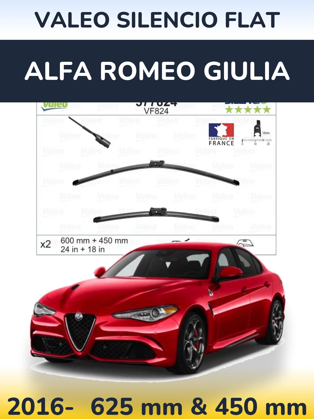 Комплект передних дворников Valeo Silencio Flat 600 & 450 мм для Alfa Romeo Giulia 2016-2026