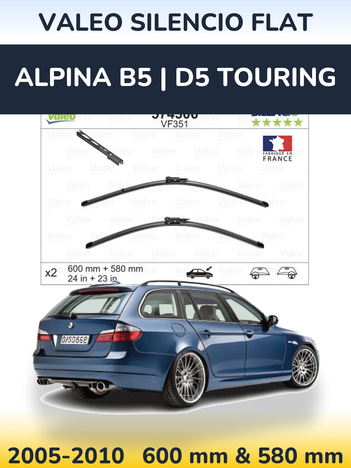 Front wiper blade set Valeo Silencio Flat 600 & 580 mm for Alpina B5 | D5 Touring 2005-2010