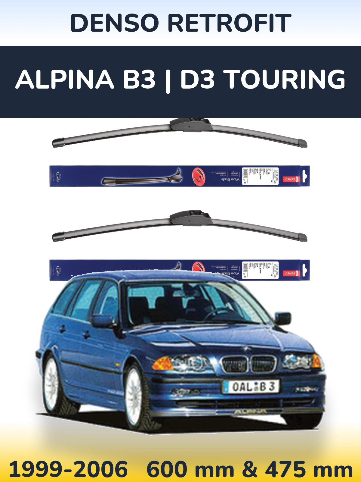 Front wiper blade set Denso Retrofit 600 & 475 mm for Alpina B3 | D3 Touring 1999-2006