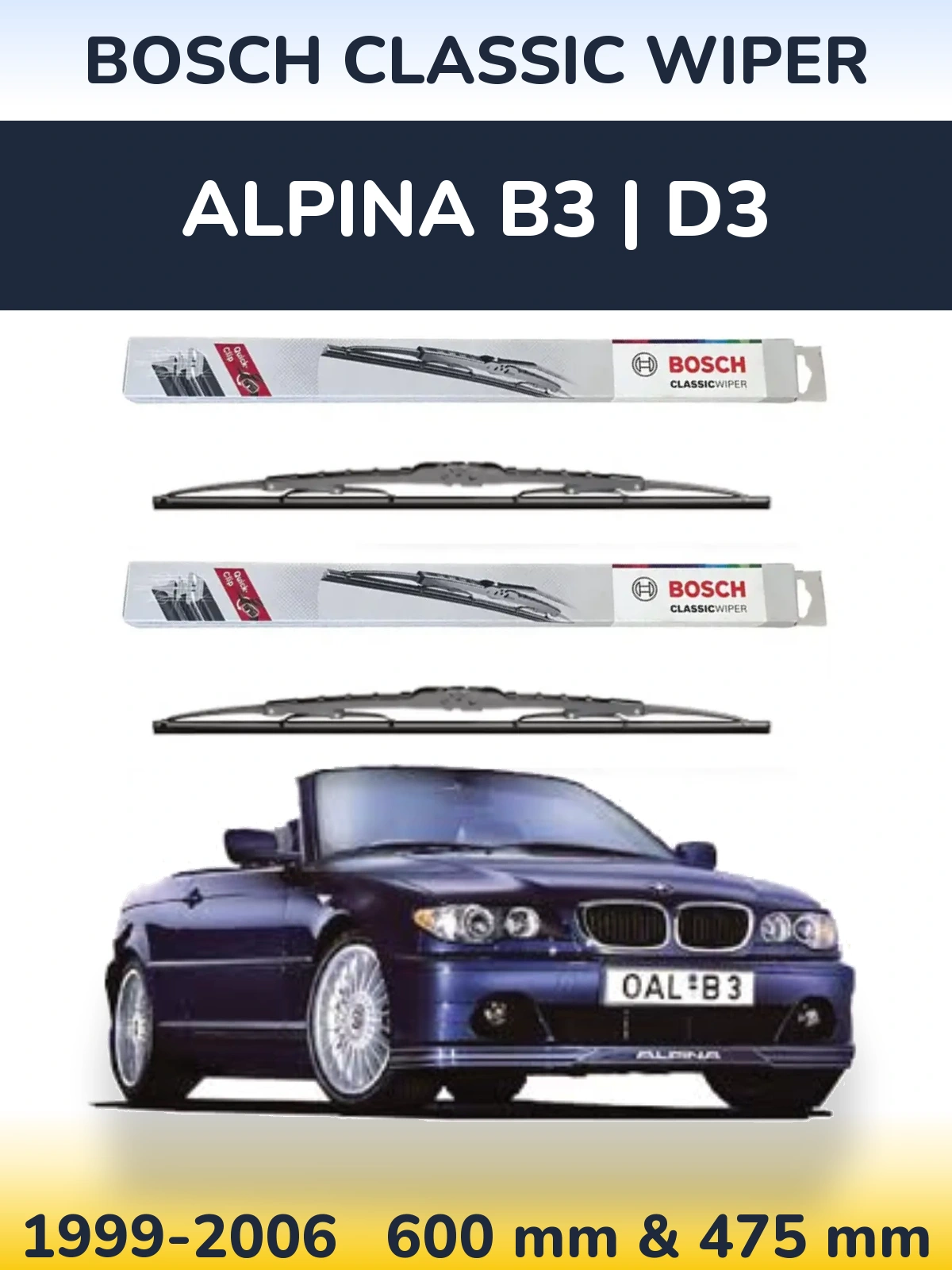Front wiper blade set BOSCH Classic Wiper 600 & 475 mm for Alpina B3 | D3 1999-2006