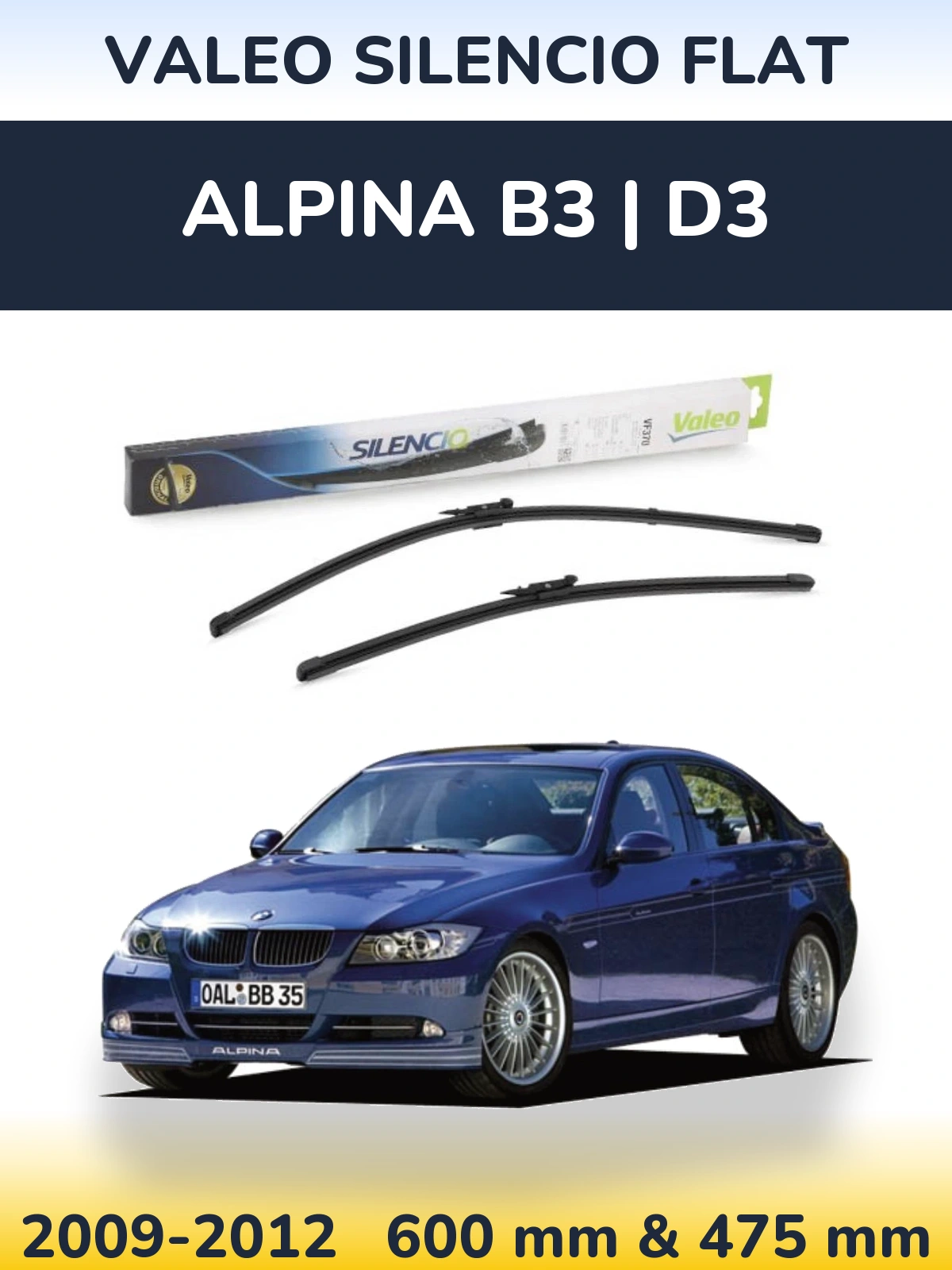 Front wiper blade set Valeo Silencio Flat 600 & 475 mm for Alpina B3 | D3 2009-2012