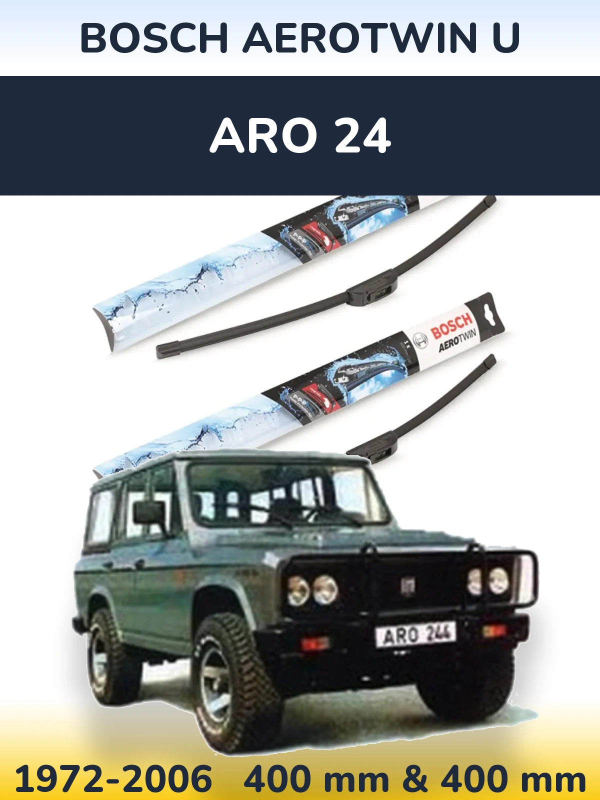 Front wiper blade set BOSCH AeroTwin U 400 & 400 mm for ARO 24 1972-2006
