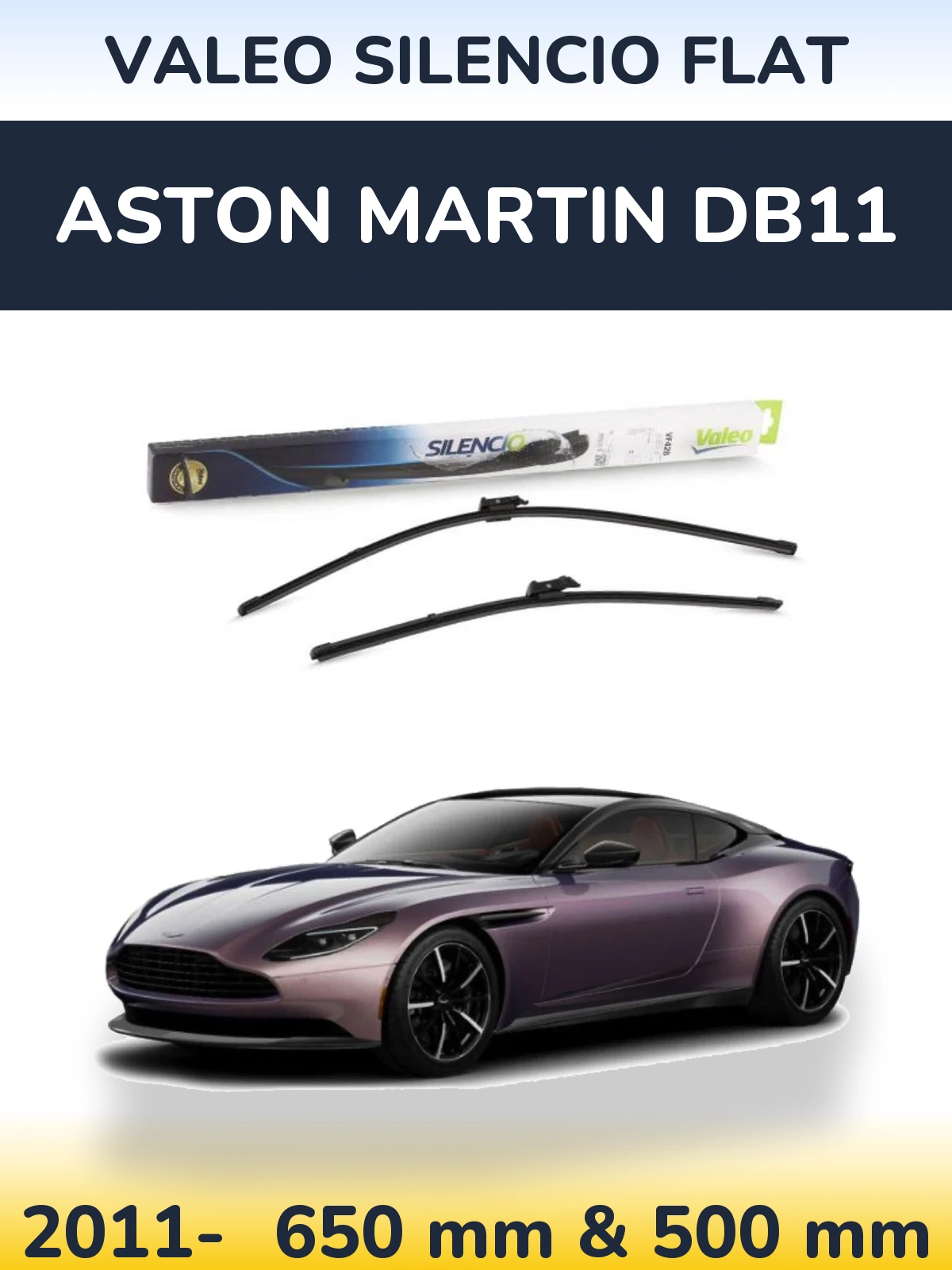 Front wiper blade set Valeo Silencio Flat 650 & 500 mm for Aston Martin DB11 2011-2026