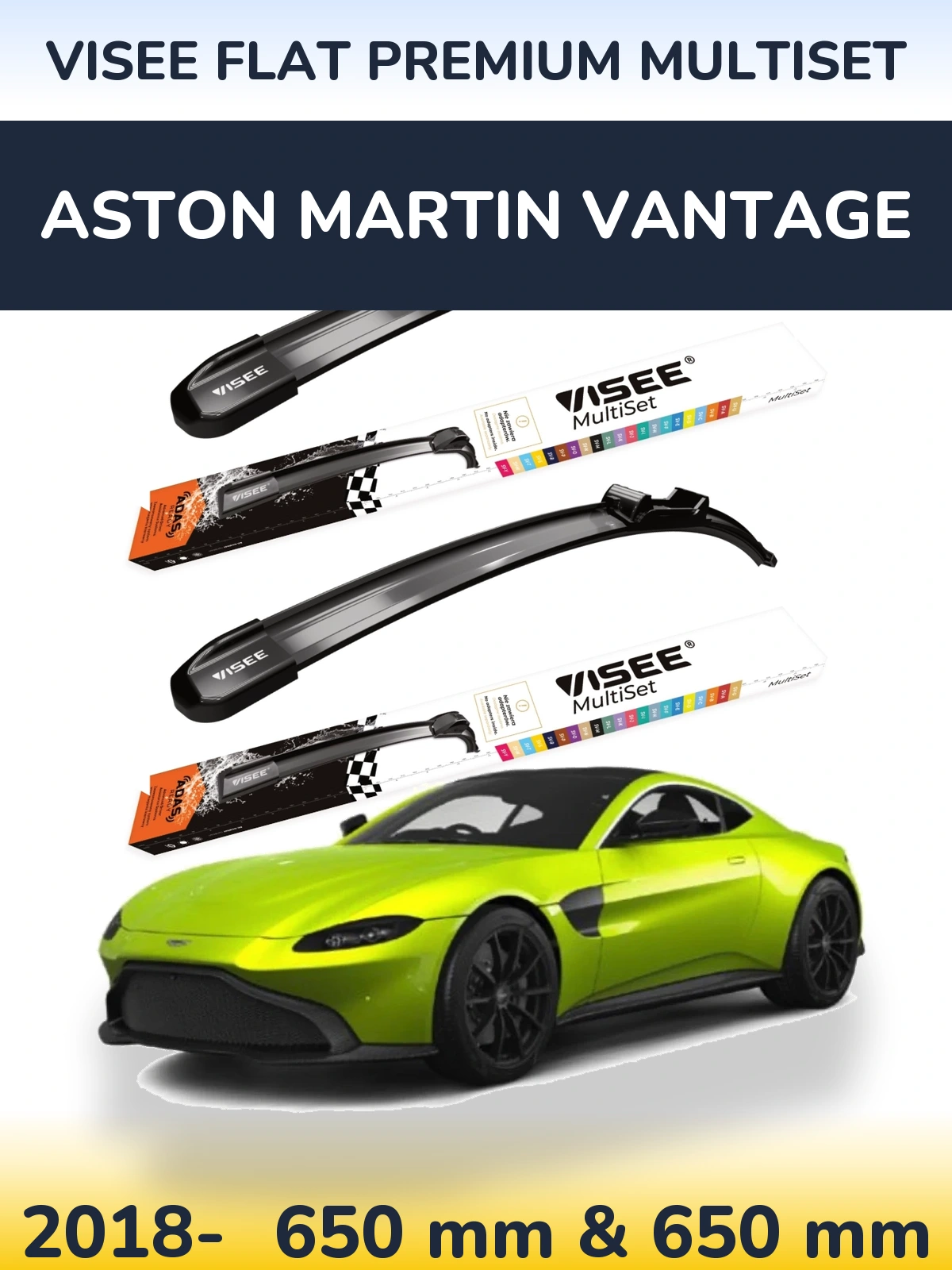 Комплект передних дворников VISEE FLAT PREMIUM MultiSet 650 & 650 мм для Aston Martin Vantage 2018-2026