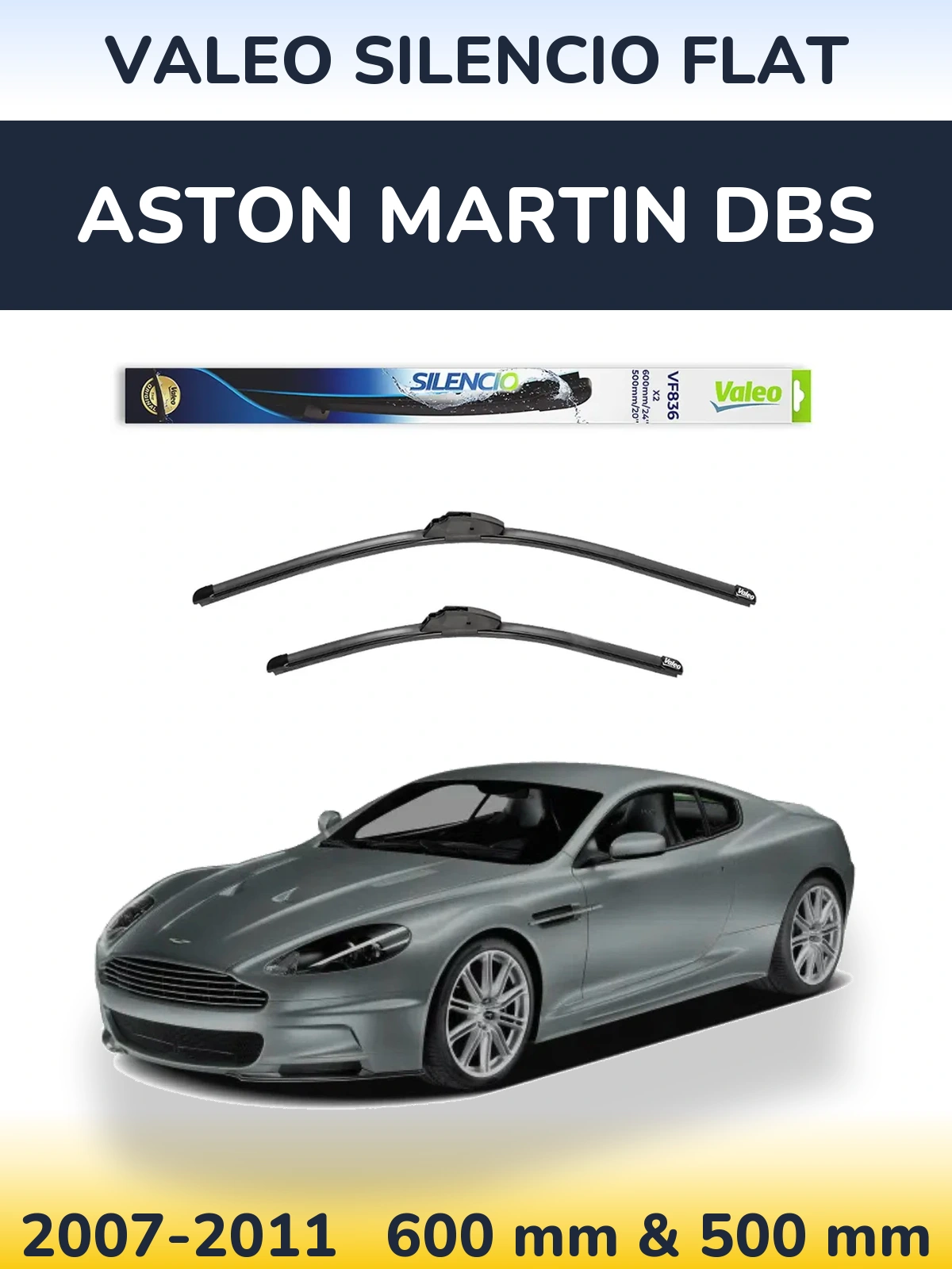 Front wiper blade set Valeo Silencio Flat 600 & 500 mm for Aston Martin DBS 2007-2011