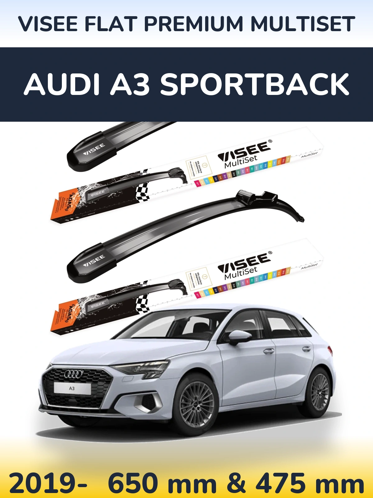 Комплект передніх щіток VISEE FLAT PREMIUM MultiSet 650 & 475 мм для Audi A3 Sportback 2019-2026