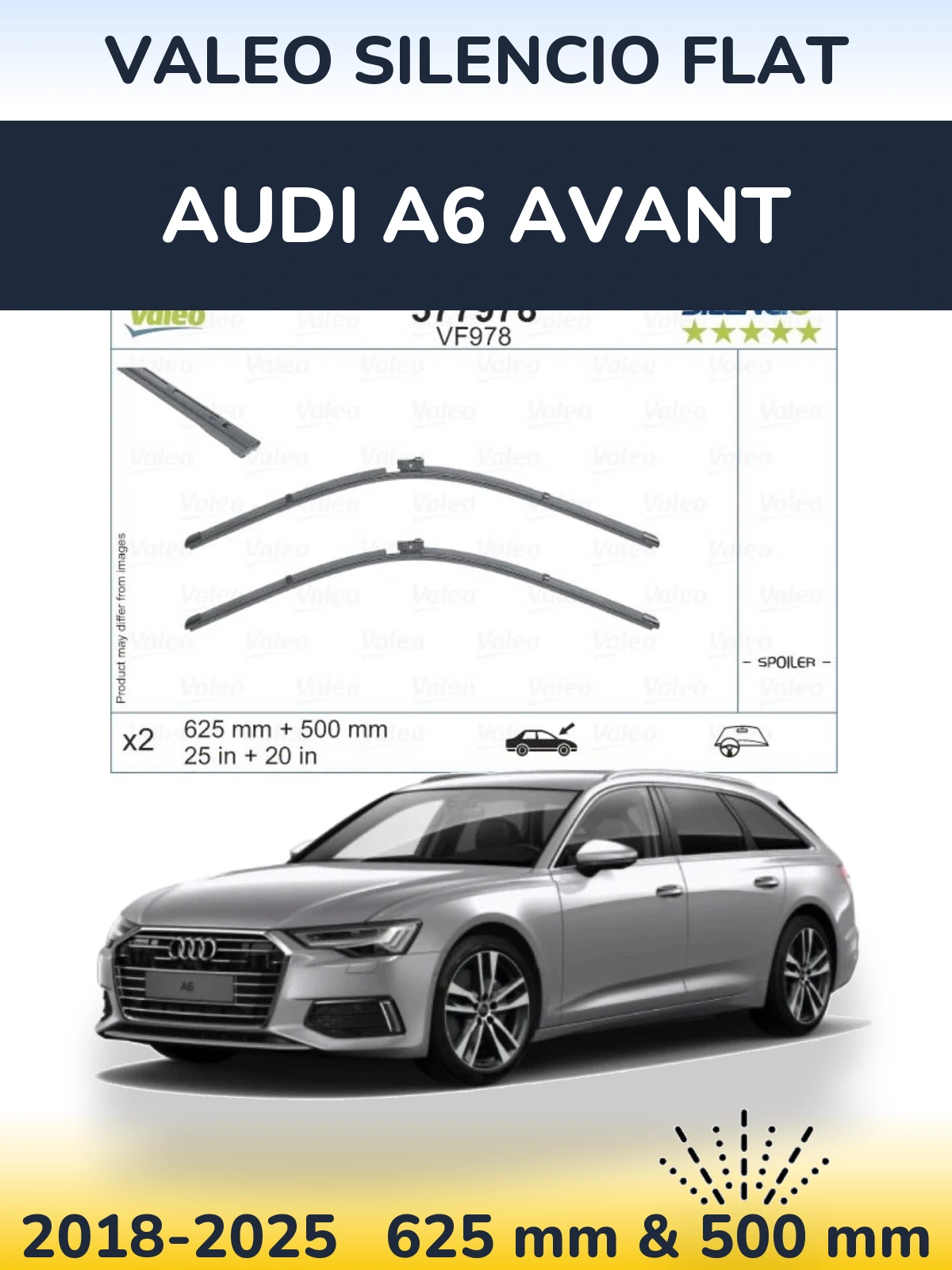 Комплект передних дворников Valeo Silencio Flat 625 & 500 мм для Audi A6 Avant 2018-2025