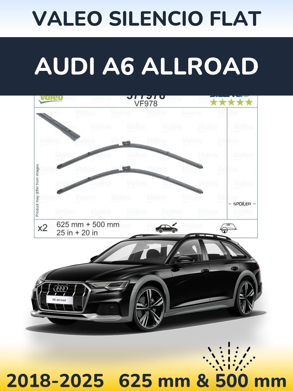 Front wiper blade set Valeo Silencio Flat 625 & 500 mm for Audi A6 Allroad 2018-2025