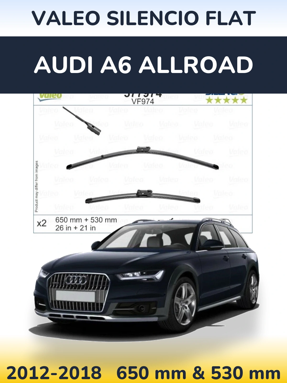 Front wiper blade set Valeo Silencio Flat 650 & 530 mm for Audi A6 Allroad 2012-2018