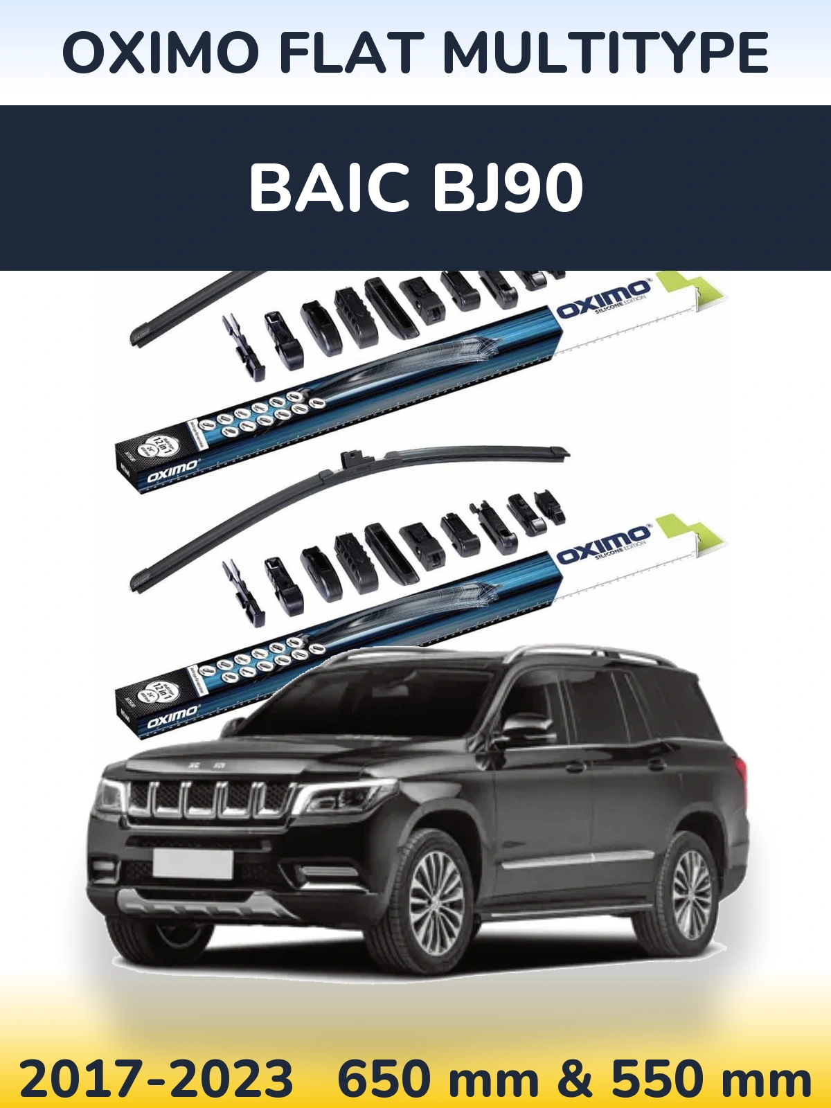 Front wiper blade set Oximo Flat MultiTipse 650 & 550 mm for BAIC BJ90 2017-2023