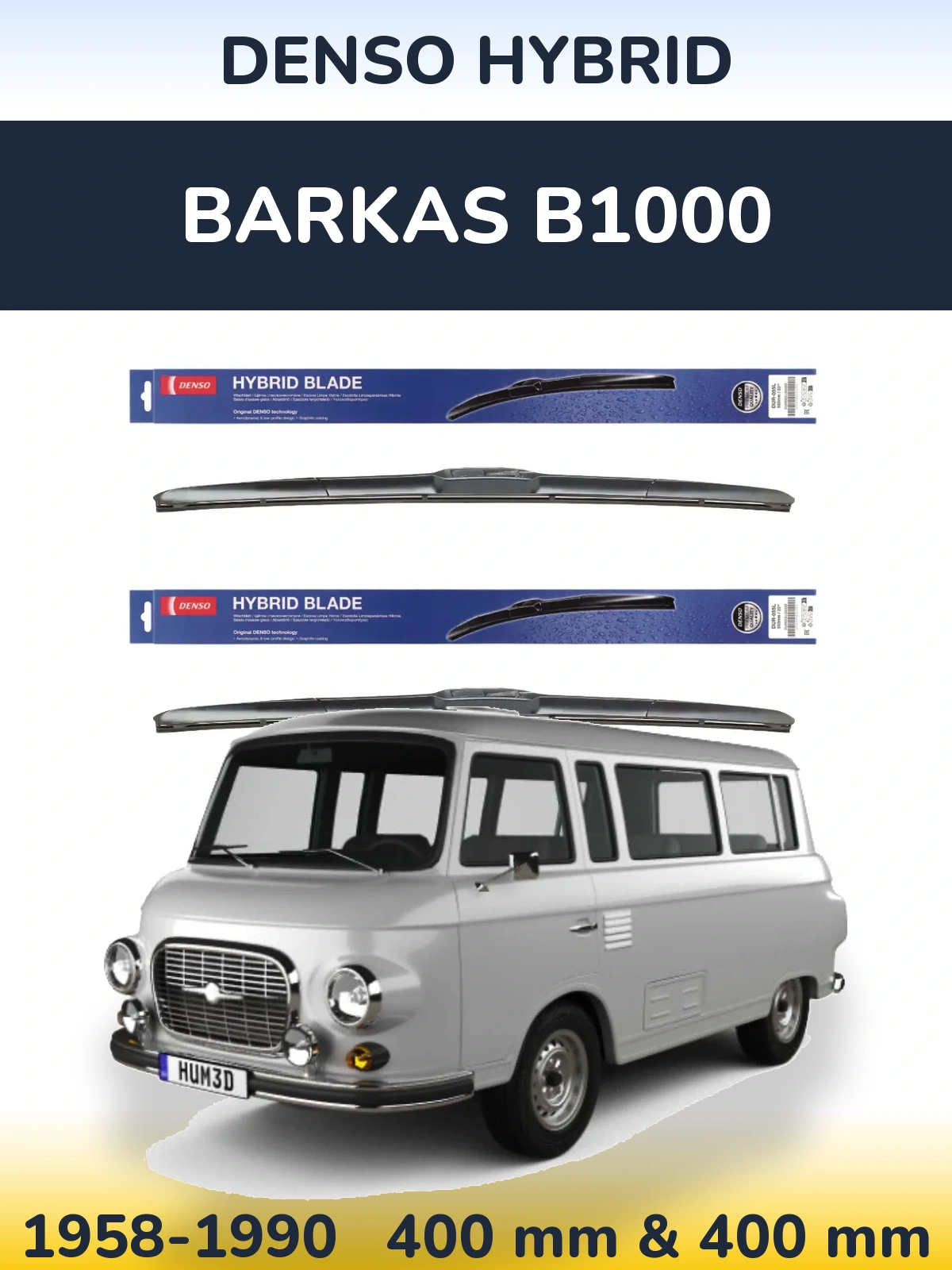 Front wiper blade set Denso Hybrid 400 & 400 mm for Barkas B1000 1958-1990