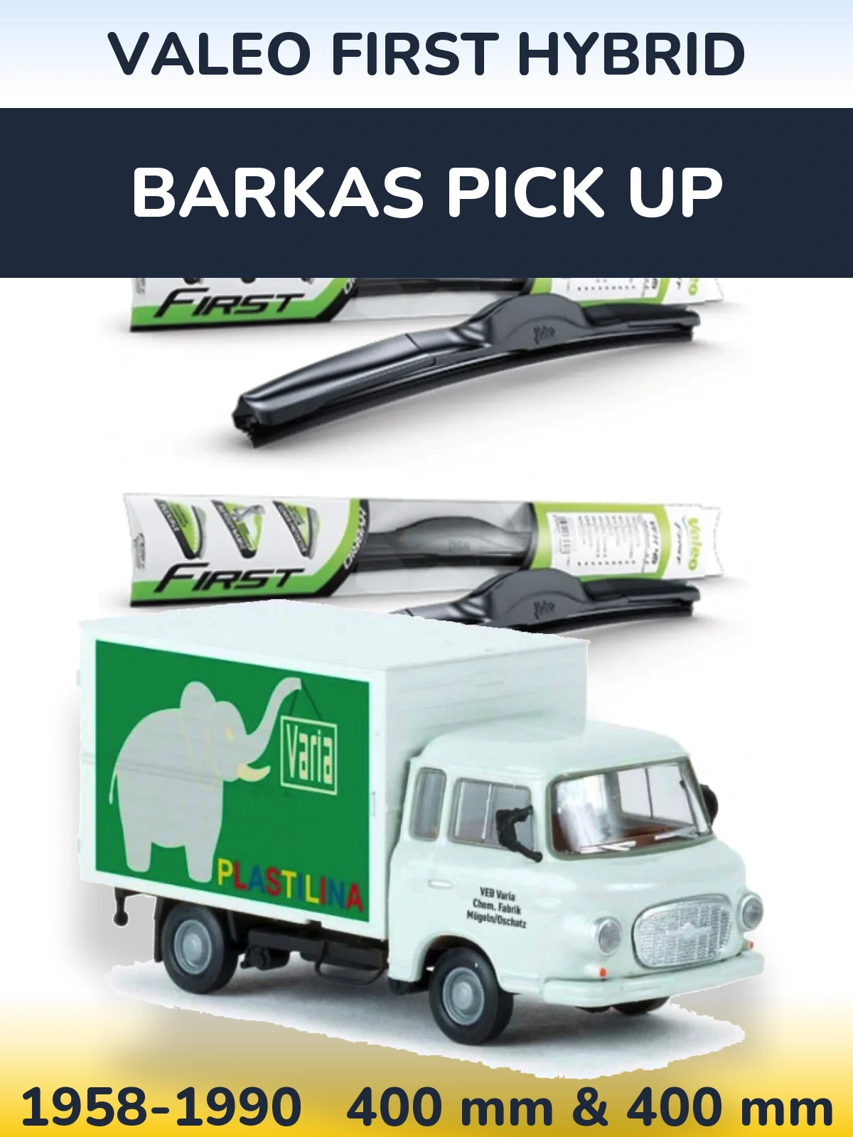 Front wiper blade set Valeo First Hybrid 400 & 400 mm for Barkas Pick Up 1958-1990