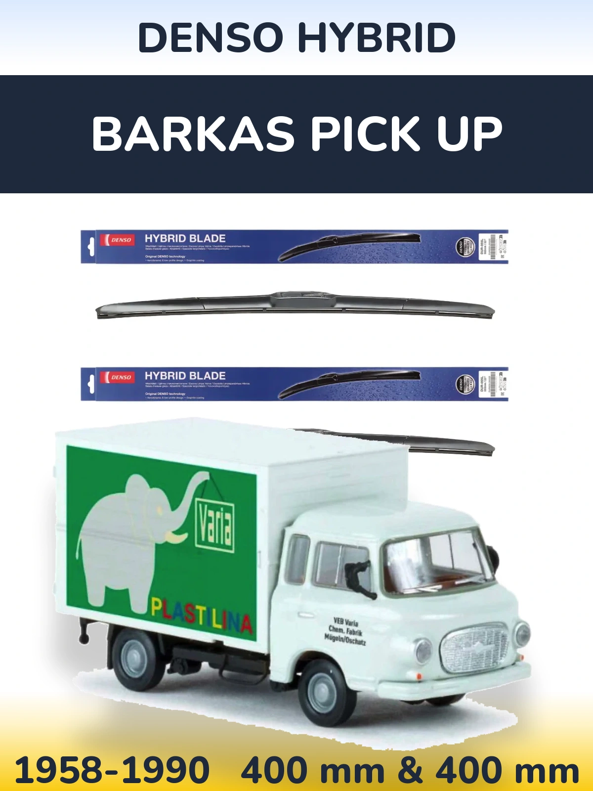 Front wiper blade set Denso Hybrid 400 & 400 mm for Barkas Pick Up 1958-1990