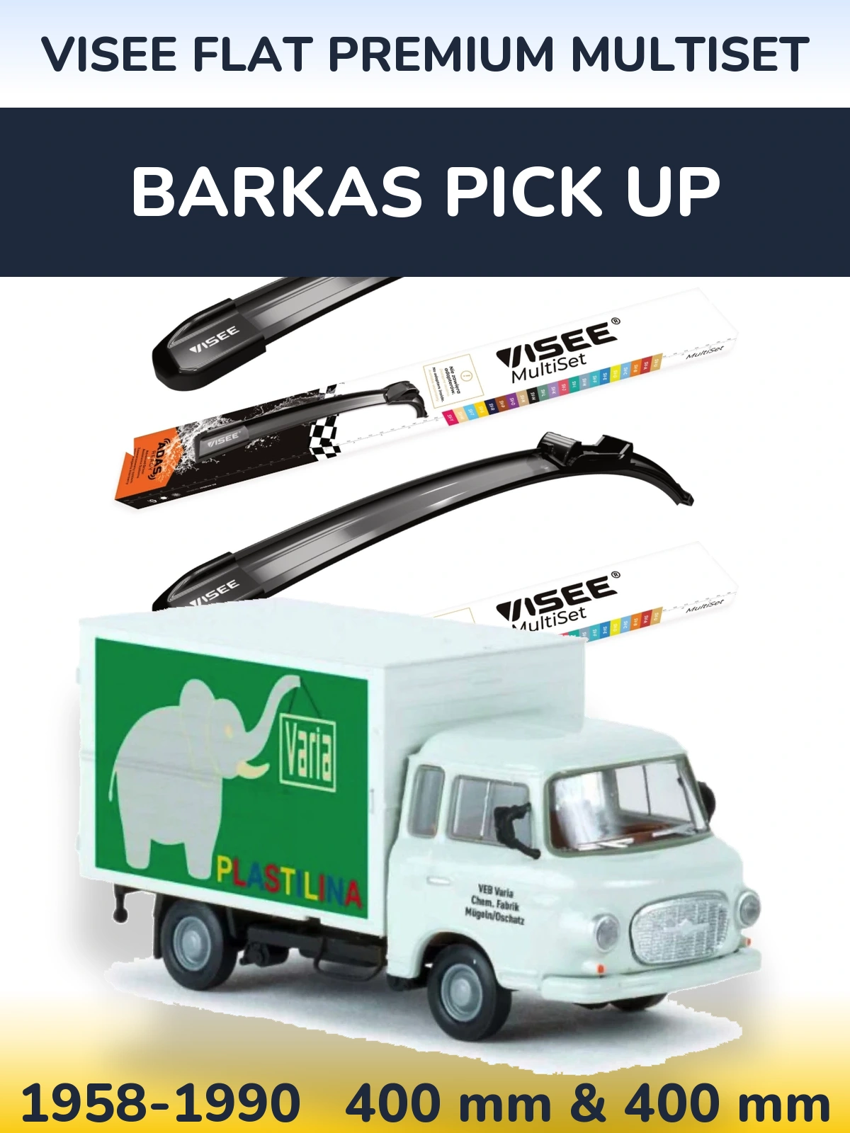 Front wiper blade set VISEE FLAT PREMIUM MultiSet 400 & 400 mm for Barkas Pick Up 1958-1990