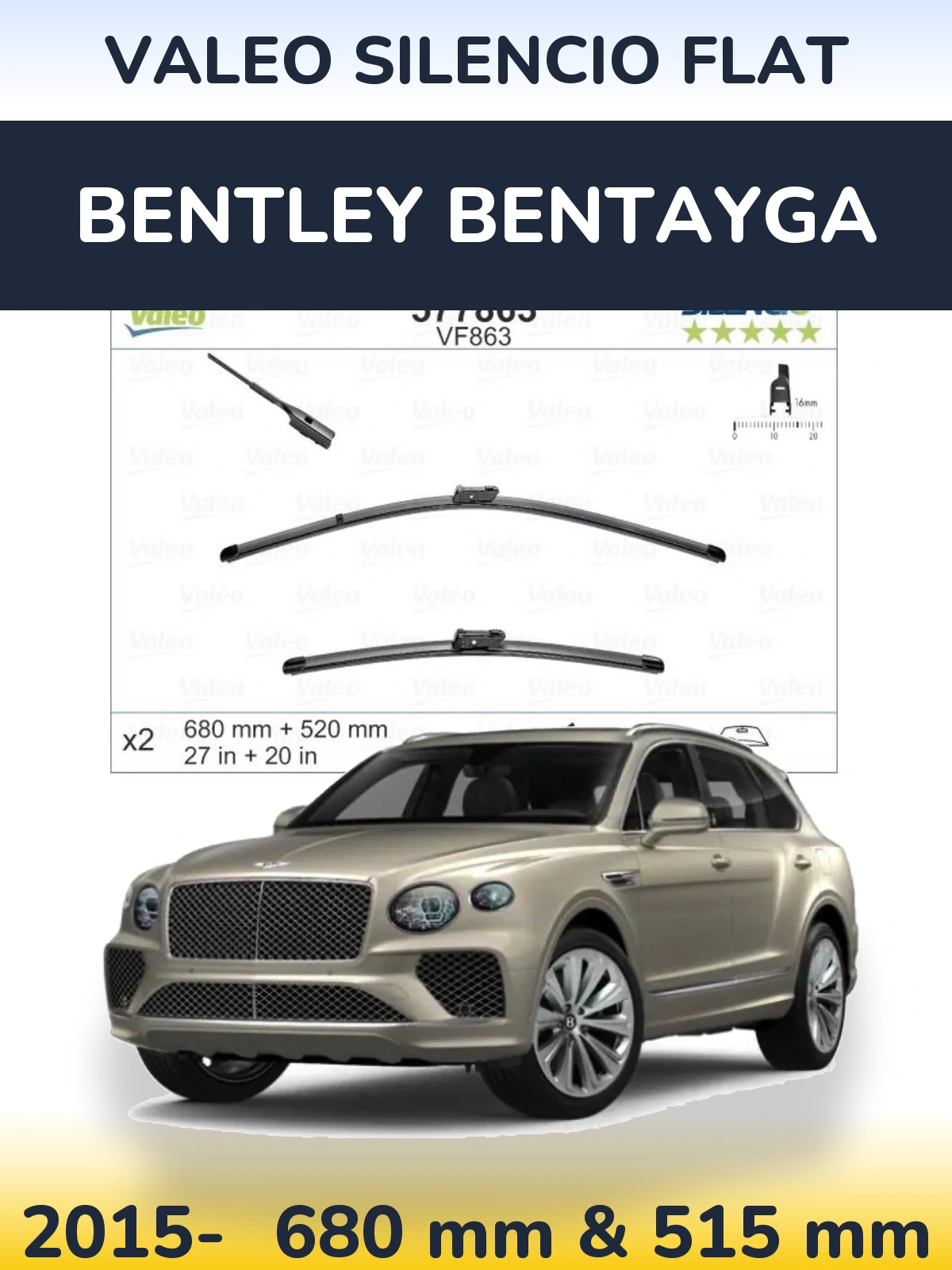 Front wiper blade set Valeo Silencio Flat 680 & 520 mm for Bentley Bentayga 2015-2026