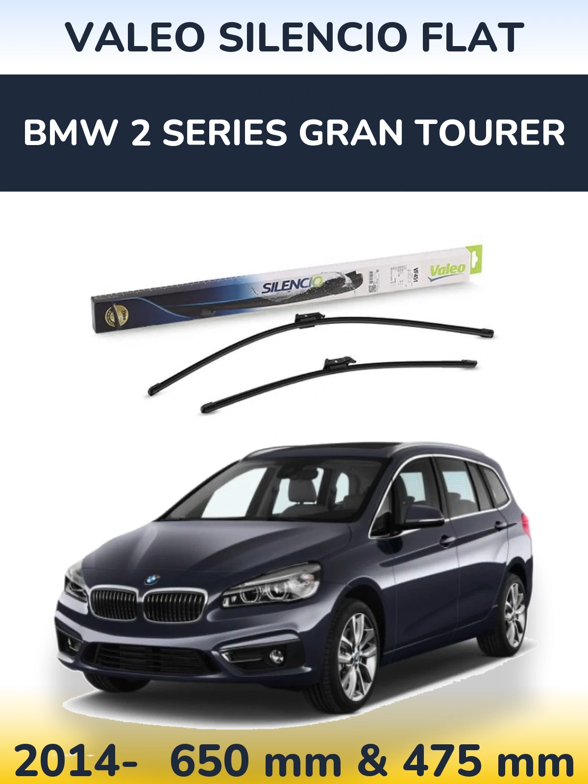 Front wiper blade set Valeo Silencio Flat 650 & 475 mm for BMW 2 Series Gran Tourer 2014-2026