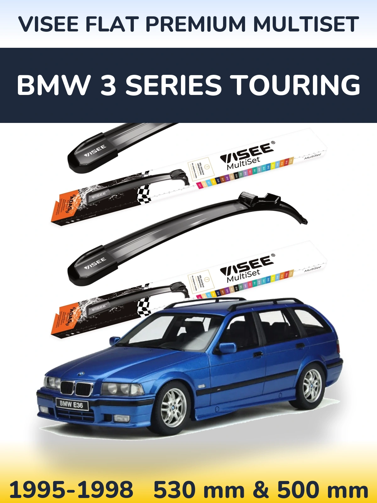 Комплект передніх щіток VISEE FLAT PREMIUM MultiSet 530 & 500 мм для BMW 3 Series Touring 1995-1998