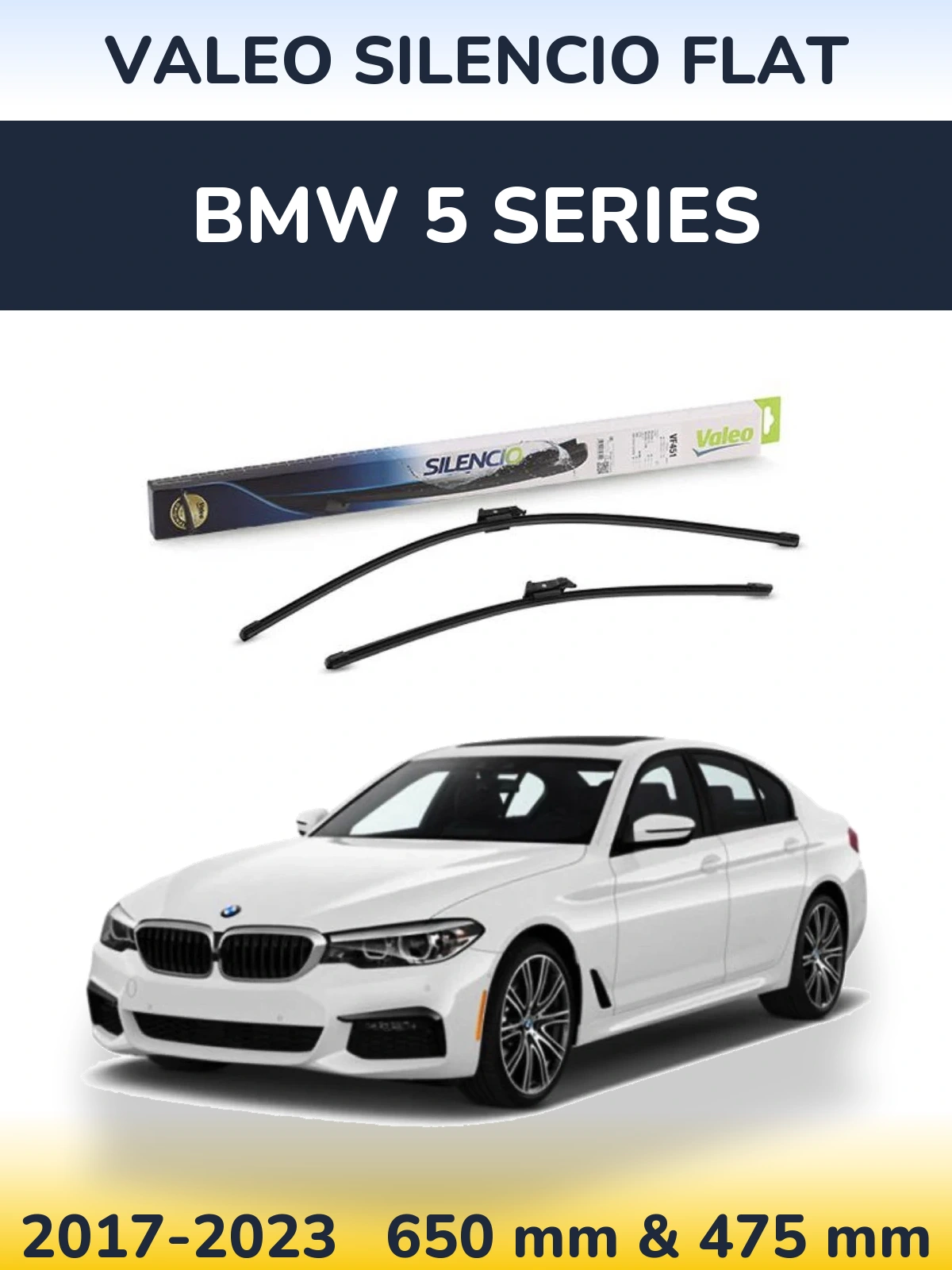 Front wiper blade set Valeo Silencio Flat 650 & 475 mm for BMW 5 Series 2017-2023