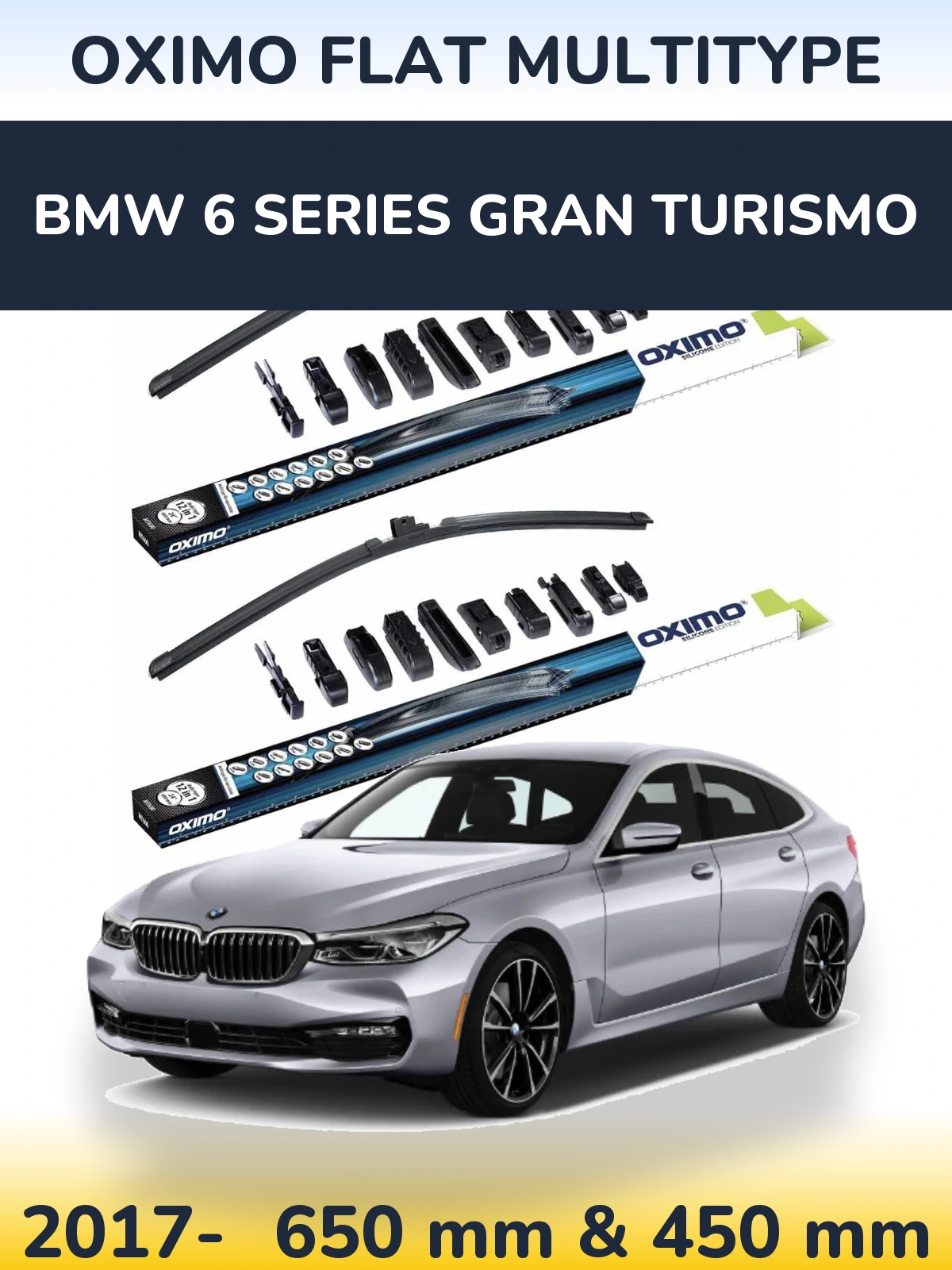 Front wiper blade set Oximo Flat MultiTipse 650 & 450 mm for BMW 6 Series Gran Turismo 2017-2026