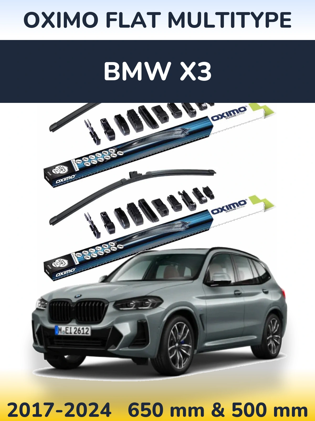 Front wiper blade set Oximo Flat MultiTipse 650 & 500 mm for BMW X3 2017-2024