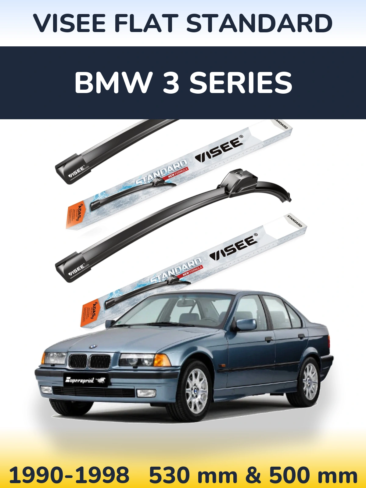 Front wiper blade set VISEE FLAT STANDARD 530 & 500 mm for BMW 3 Series 1990-1998